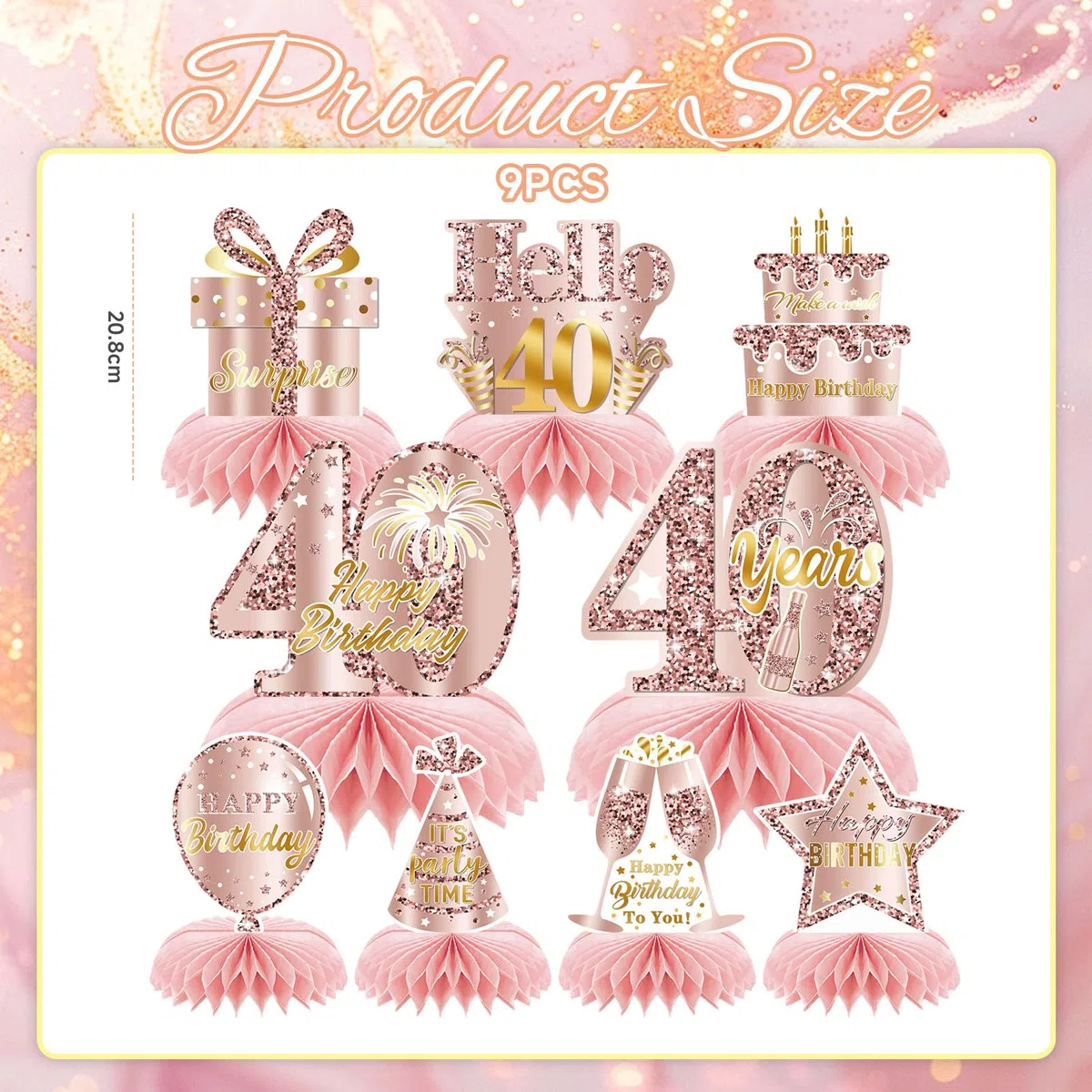 9 STK Rosa Rosegold 40 Compleanno Decorative Centro Tavola per Ragazze Felice 40 Compleanno Decorazioni Tavolo Party Accessori Torte di Compleanno Tabelle Aggiunte