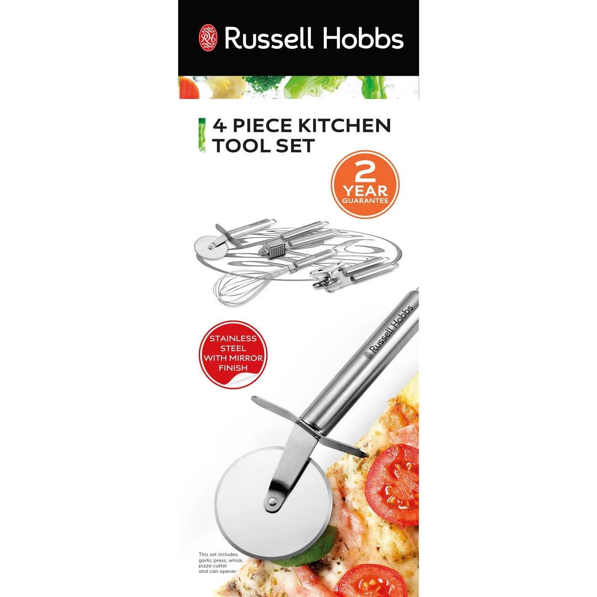 Russell Hobbs RH00124 - Set di articoli per cucina in acciaio inossidabile, argento, 4 pezzi,Comprende taglierina per pizza, frusta, pressa all'aglio e apribatti/lattine