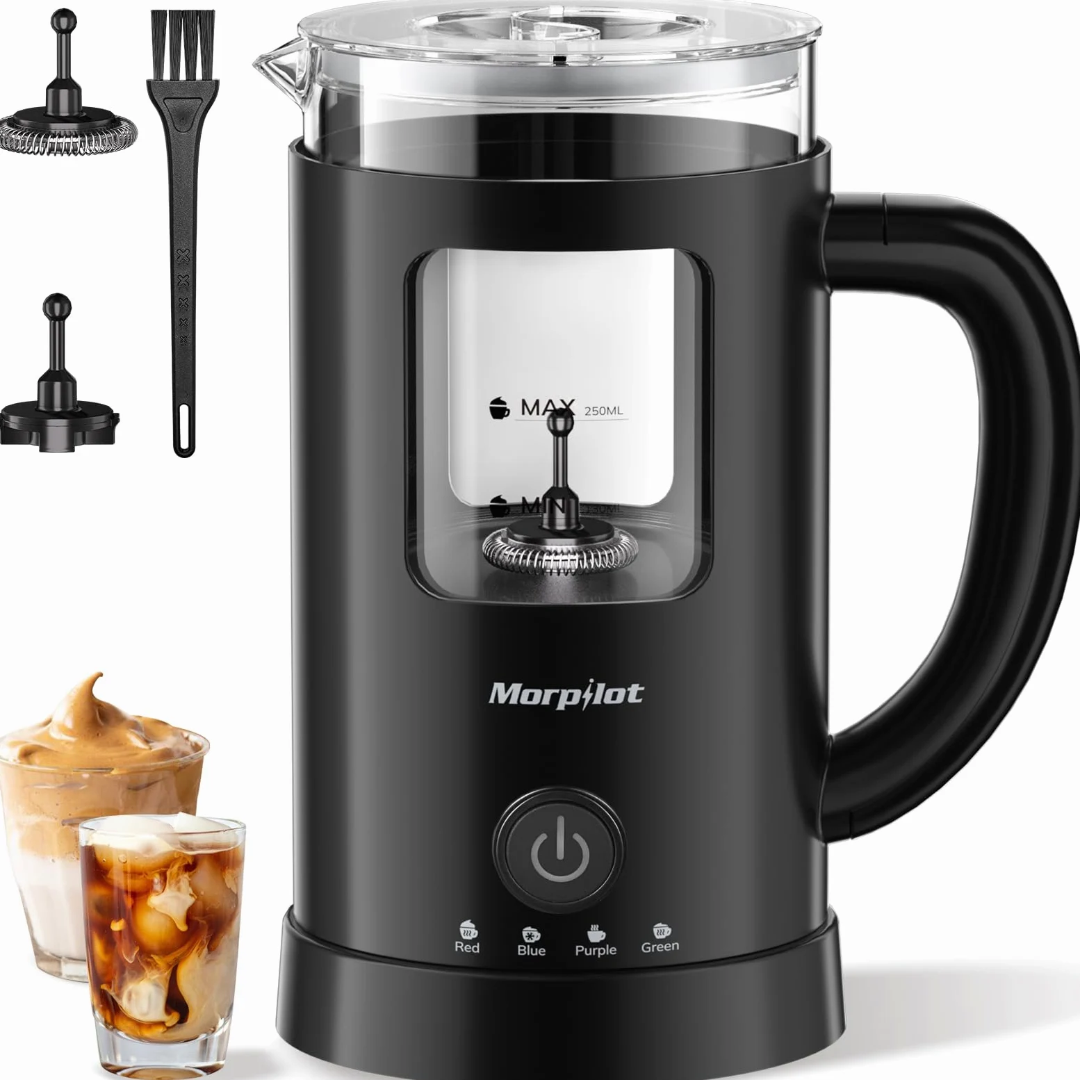 Morpilot Montalatte elettrico, 130-600 ml, 550 W, montalatte 4 in 1, per acqua calda e fredda, vetro visivo, design latte, nero