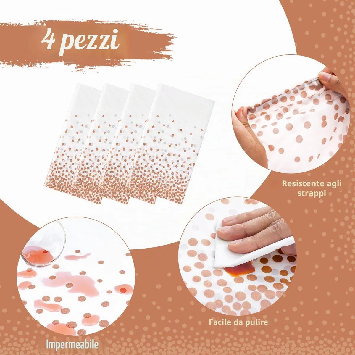 Mokani 4 Pezzi Tovaglia Usa e Getta, Tovaglie Compleanno a Pois Bianchi e Oro Rosa per Matrimoni, Natale, Party, Picnic, Compleanno, battesimo(137 x 274 cm)