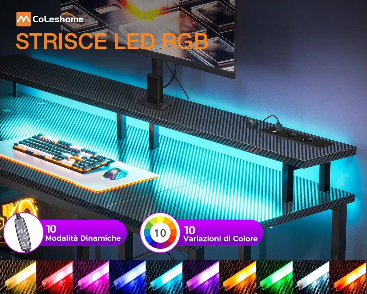 Coleshome Scrivania Gaming con LED, 120x50cm Scrivania Computer con 2 Prese e 2 Porte USB, PC Scrivania con Supporto Monitor e Ripiani di Archiviazione, Scrivania per Ufficio Casa, Nero