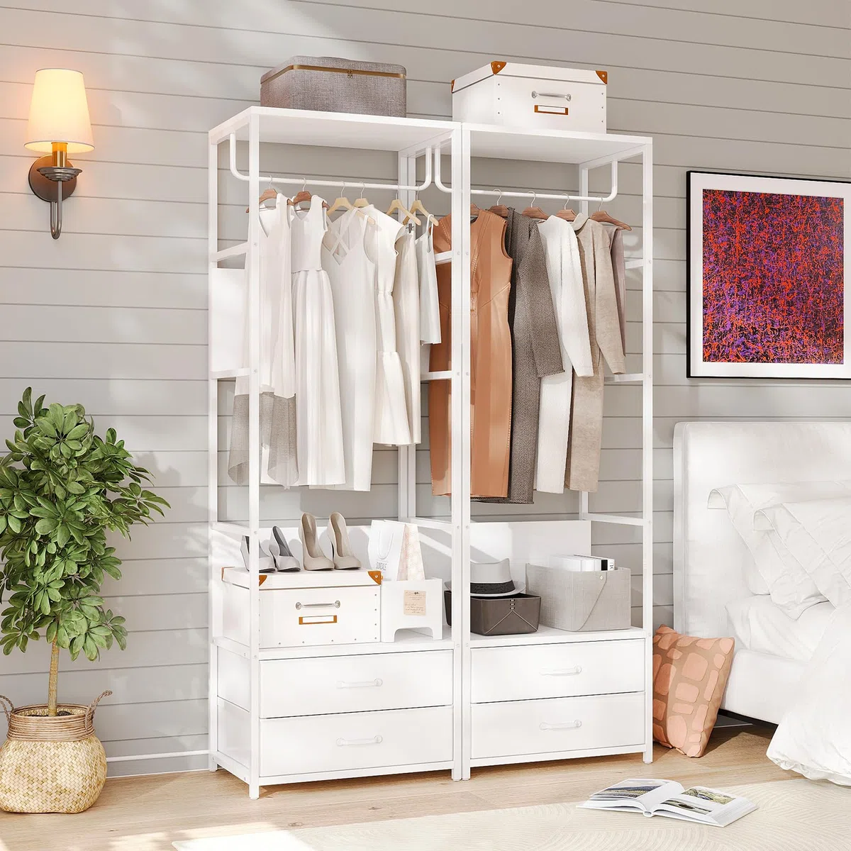 VOWNER Appendiabiti da Terra, Mobile Ingresso con Panca, Attaccapanni con Barra e 2 Cassetti, 4 in 1, Stand Appendiabiti in Acciaio Inox, per Corridoio e Camera da Letto, 60 x 40 x 180 cm