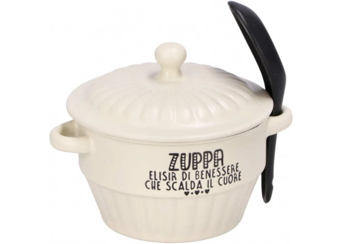 1 Pezzo Zuppiera da Portata in Ceramica con Coperchio e Cucchiaino 450 ml 3 Colori