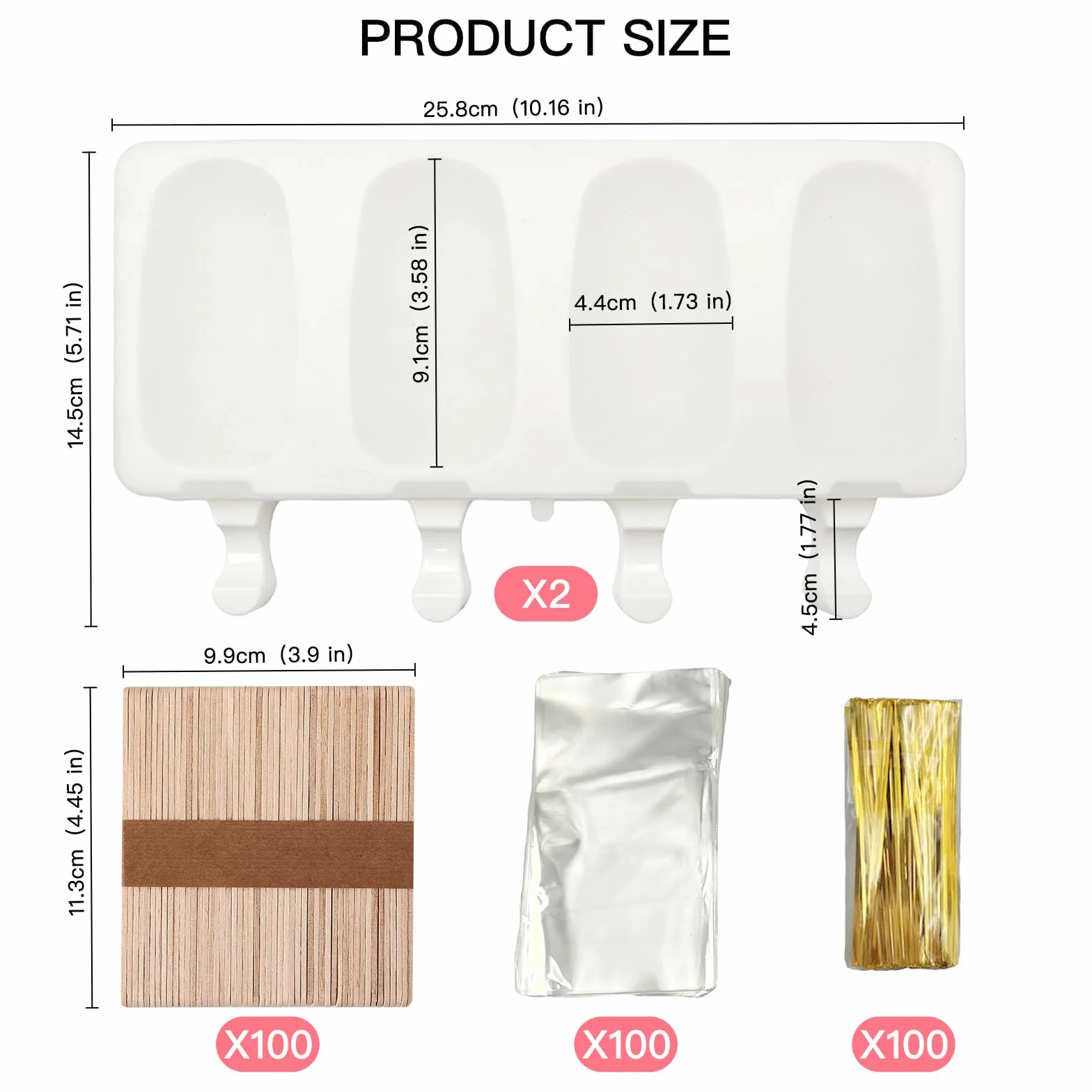Set Stampi per Ghiaccioli, Stampini Gelato, Stampo Gelati senza BPA, con accessori (100 bastoncini + 100 sacchetti OPP + 100 laccetti di chiusura) (C)