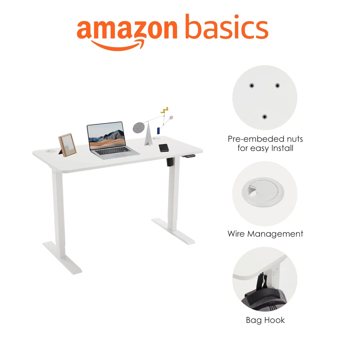 Amazon Basics, Scrivania sit-stand con regolazione dell'altezza elettrica, 120 x 60 cm, ergonomica, facile da usare, con piano bianco e cornice bianca