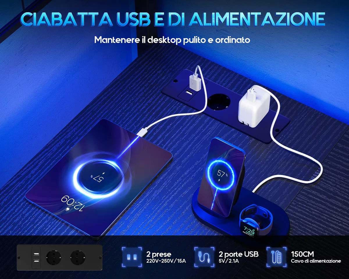 Coleshome Scrivania Gaming con LED, 130 x 100 cm Reversibile Tavolo Gaming con Cassetti e Prese, Scrivania Angolare con Ripiani e spazio di archiviazione, Nero