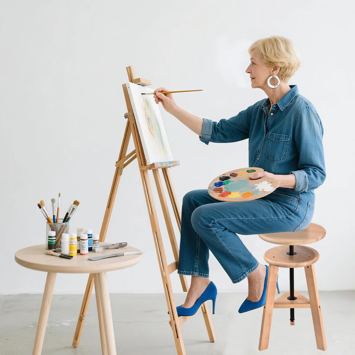 Generisch Sgabello da pittura regolabile in altezza, in legno di faggio, diametro 30 cm, 48-65 cm, sgabello regolabile in altezza, girevole a 360 gradi, sedia in legno, per bar, cucina, uso domestico
