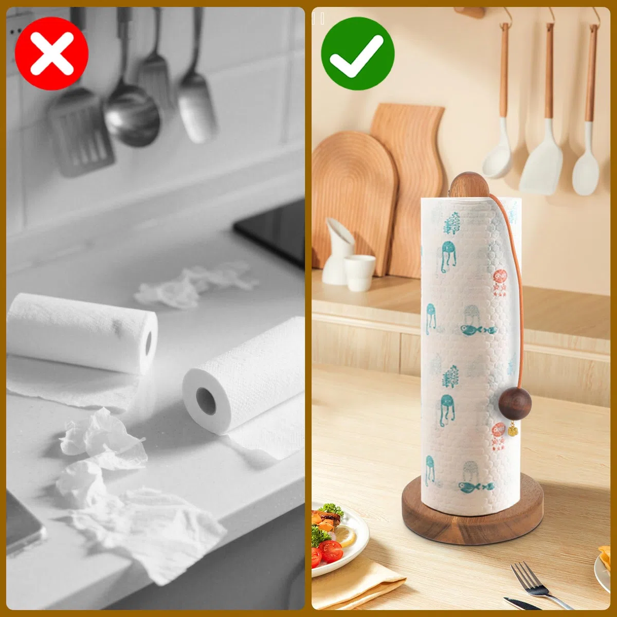 Porta rotolo da cucina in legno di acacia-Design con ganci e antiscivolo-Perfetto per porta rotolo cucina e porta scottex-Compatibile con rotoli standard e grandi
