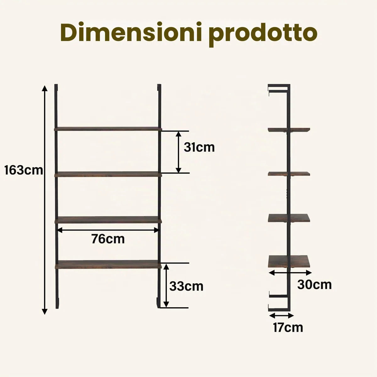 GIANTEX Mensola da Parete a 4 Ripiani, Scaffalatura Aperta con Telaio Metallico, Stile Industriale Sospeso, Salvaspazio 76 x 30 x 163 cm, per Cucina, Soggiorno, Camera e Ufficio