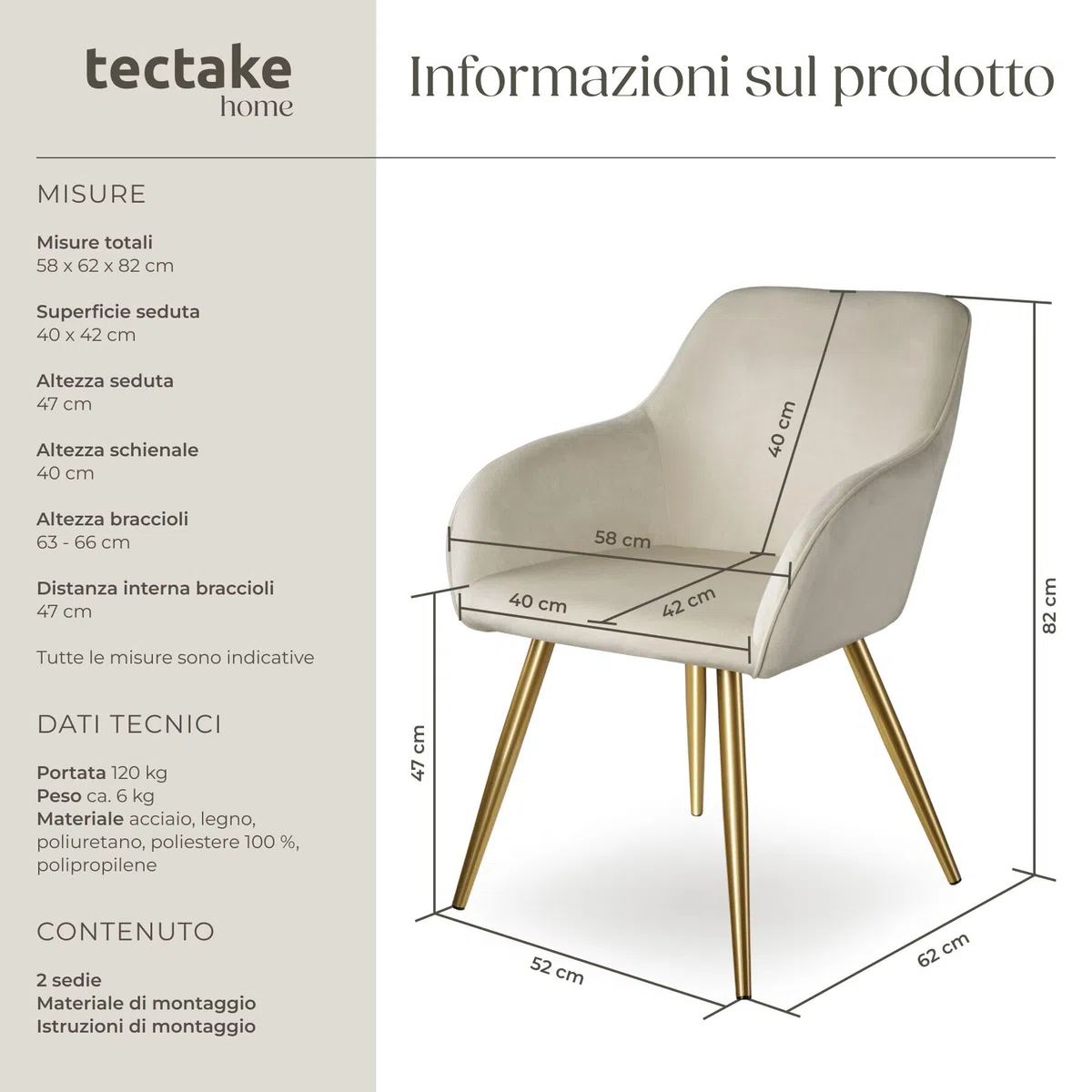 tectake® Set 2 Sedie Sala da Pranzo Effetto Velluto, Sedie Soggiorno con Morbida Imbottitura, Seduta Ergonomica, Poltrone Velluto Versatili, Sedie Design Moderno - Crema/Oro