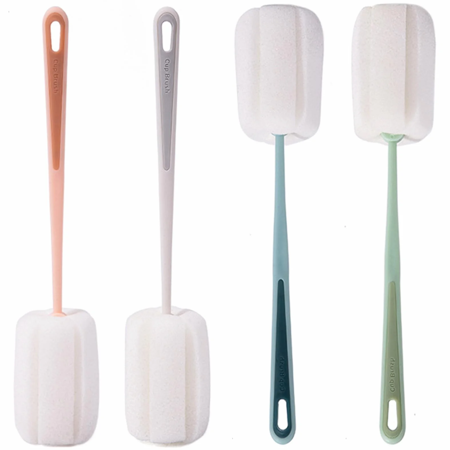 4 confezioni di spazzole per la pulizia con spugna morbida, spazzole per la pulizia con manico in plastica per biberon, borracce e tazze, strumento di pulizia per thermos e tazze (bianco, verde, blu