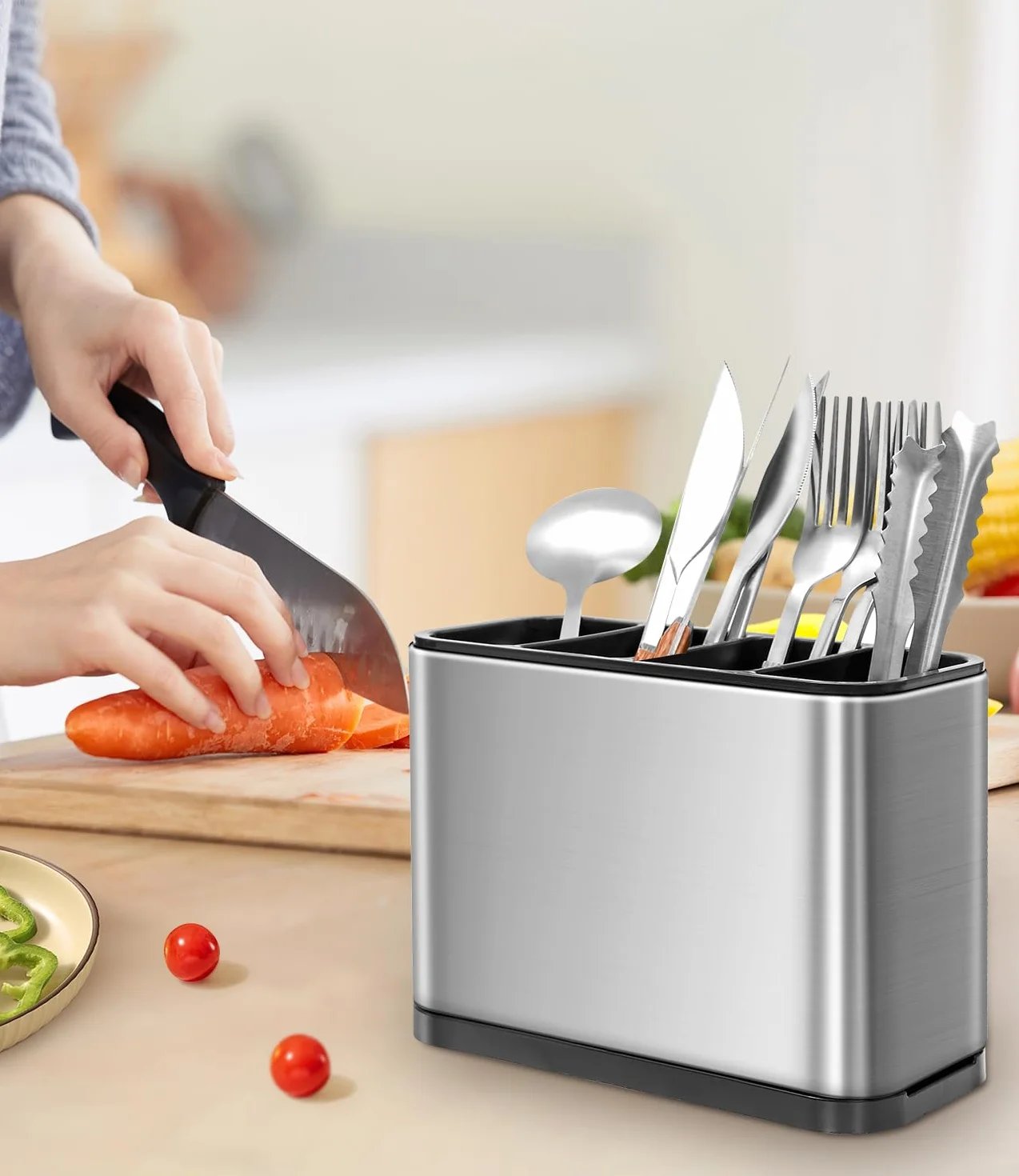 Portaposate Scolaposate, Porta Utensili Multifunzionale da Cucina, Organizzatore di posate in acciaio inox con 4 Scomparti e Scarichi per Riporre Bacchette, Forchette, Coltelli, Cucchiai, Ecc