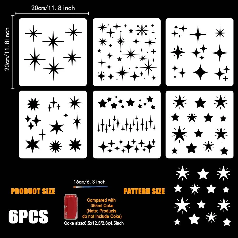 FINGERINSPIRE 6 Pz Stencils per Pittura a Stelle con Pennello, 20x20cm Stencil a Stelle Scintillanti Riutilizzabili Modello per Disegno Stencil In PET per Pittura Murale, Legno, Tela, Tessuto