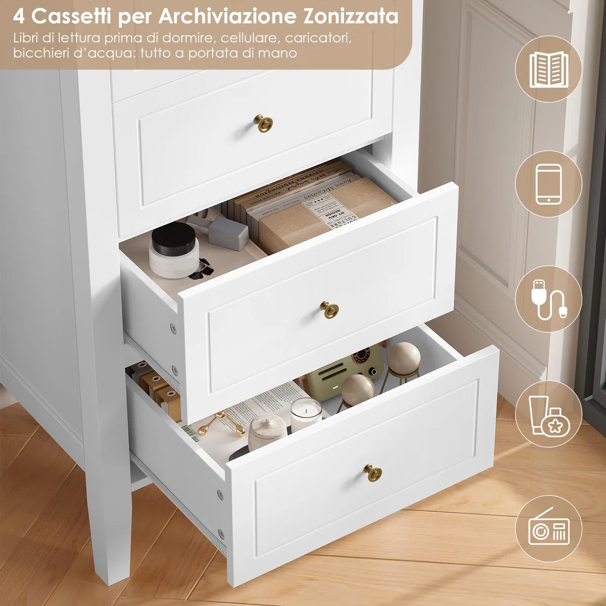 FOREHILL Cassettiera Camera da Letto, Comodino Bianca con 4 Cassetti in Legno, Mobiletto Autoportante per Soggiorno, Corridoio, Cucina 50x40x95 cm