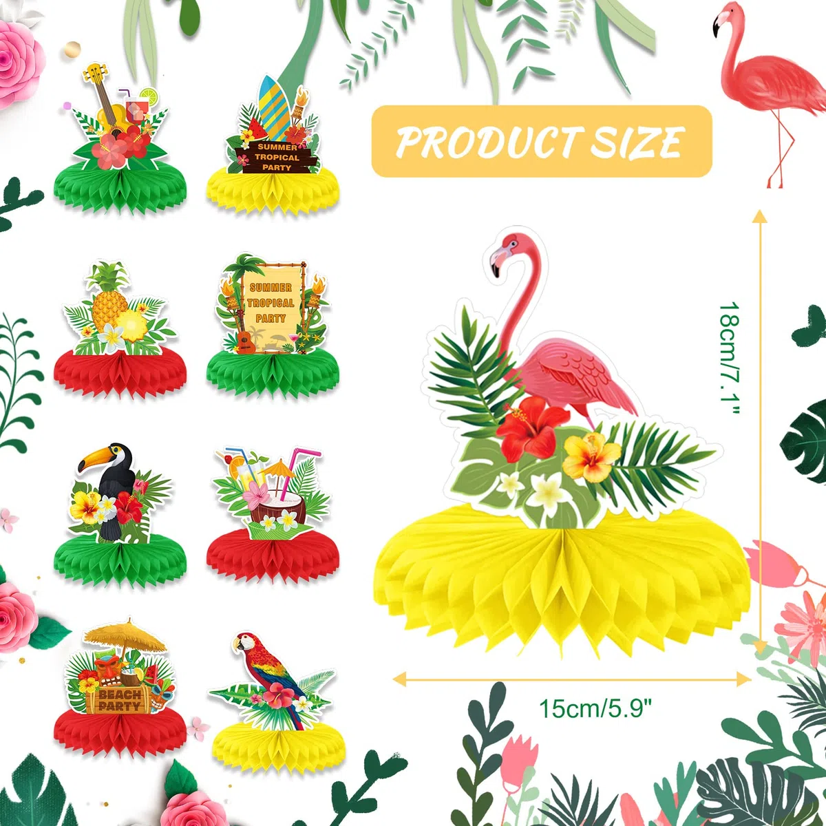 HOWAF 9 Pezzi Centrotavola Hawaiano, Aloha Decorazioni da Tavola Fenicotteri Rosa Ananas Noce di Cocco Centrotavola a Nido d'Ape Hawaiano Luau Tiki Centrotavola Tropicale 3D per Addobbi Festa Hawaiana