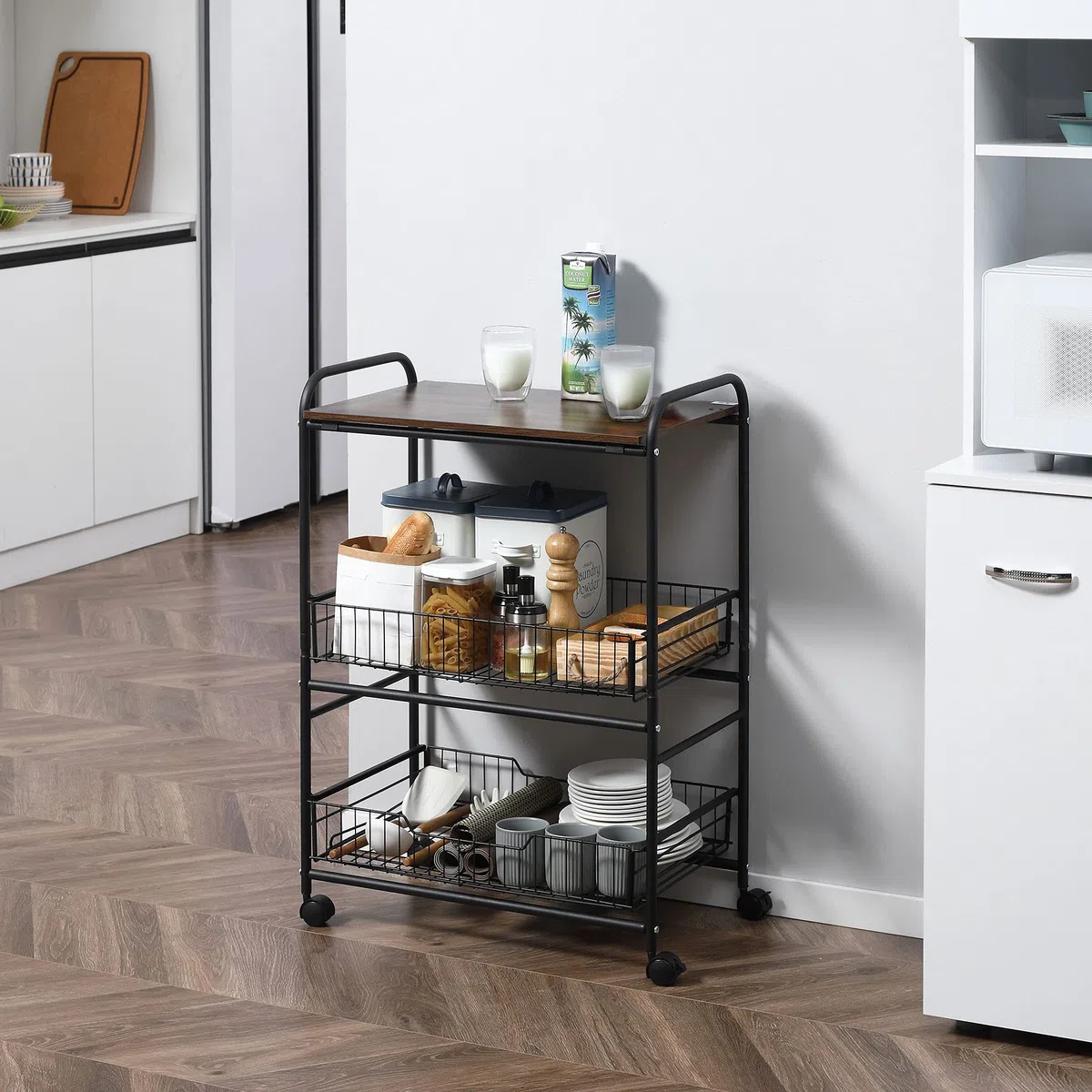 HOMCOM Carrello da Cucina Portavivande Stile Industriale con 4 Ruote, 2 Cestini e 4 Ganci, 60x38x85.5cm, Marrone Nero