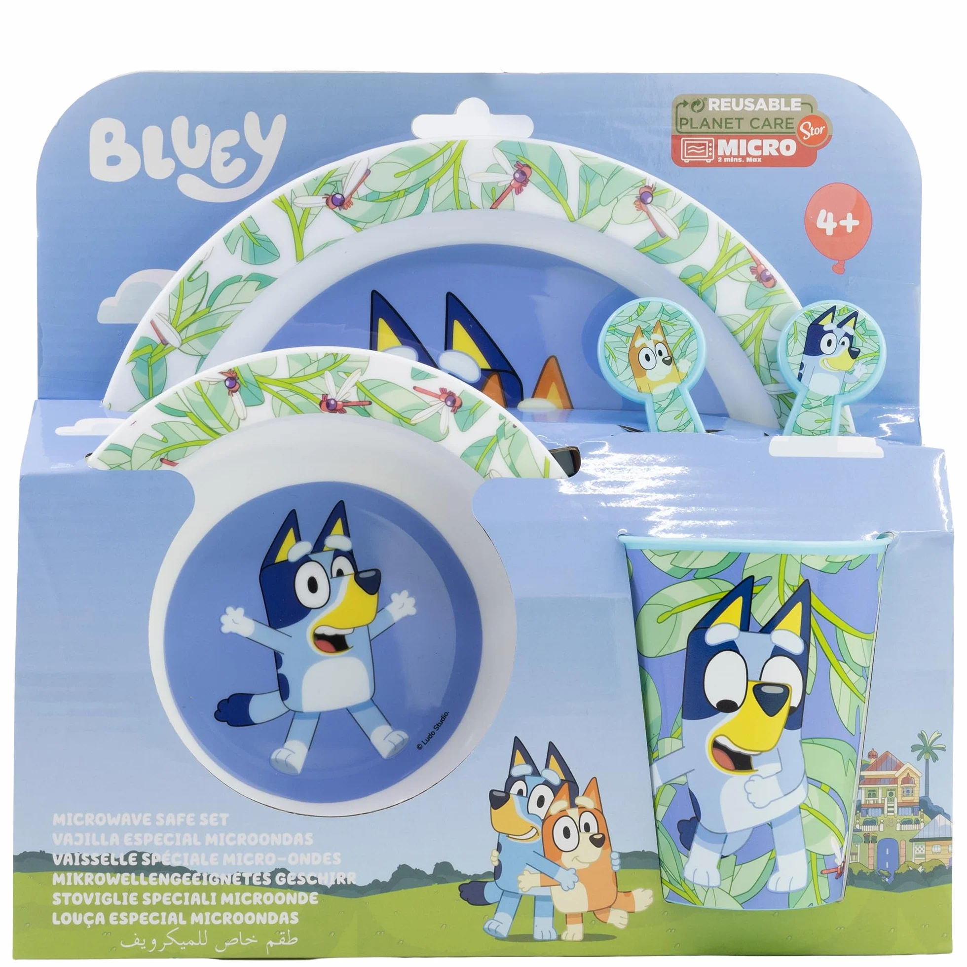 STOR Set Stoviglie per Bambini Bluey - Bicchiere Piatto Ciotola Posate - Plastica Resistente Microonde - Senza BPA - Pasti Bambini