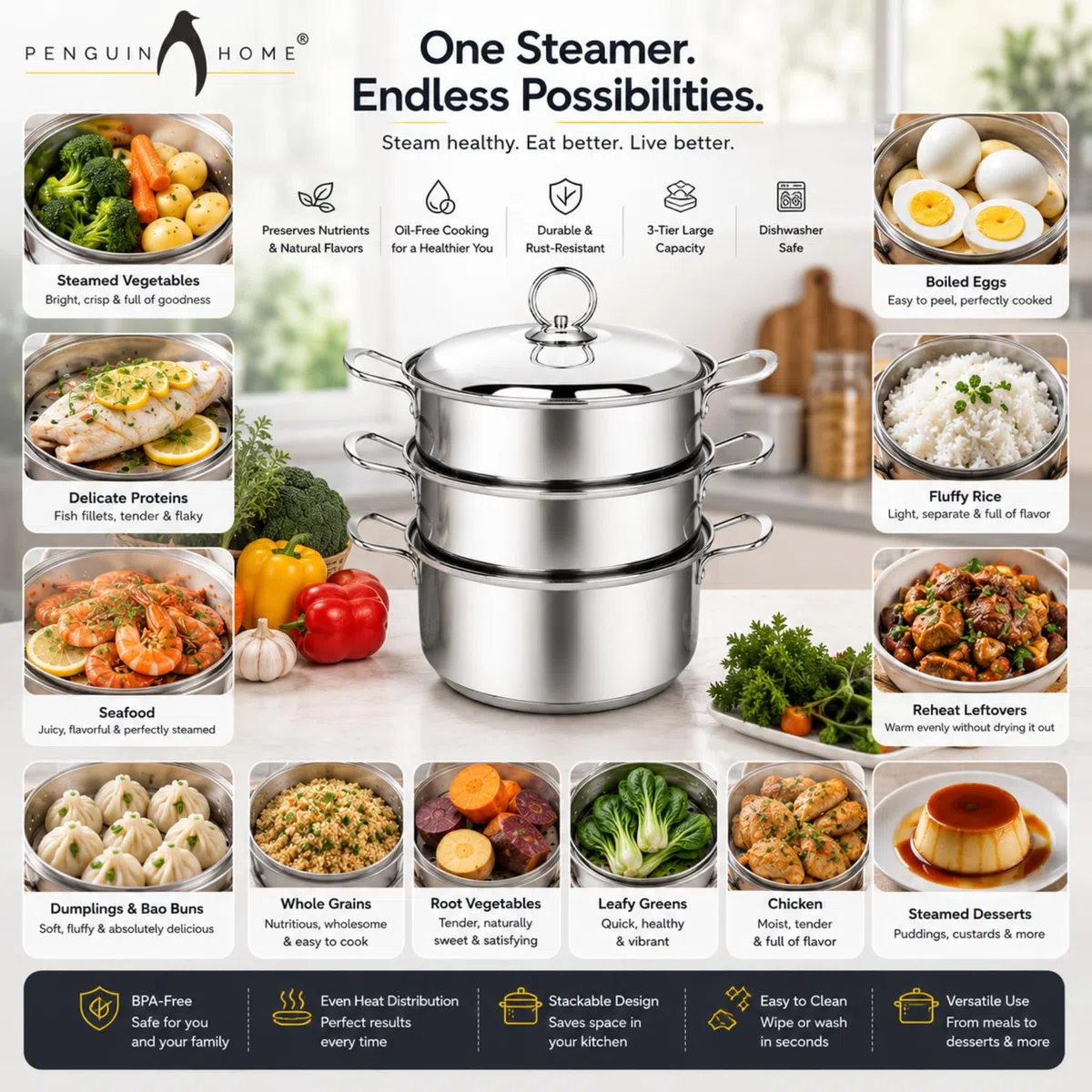 Penguin Home® Set per cottura a vapore a 3 livelli 3 litri 20 cm | Cassaforte a induzione | Piroscafo per alimenti a tre livelli in acciaio inossidabile |Piroscafo da cucina per cucinare |