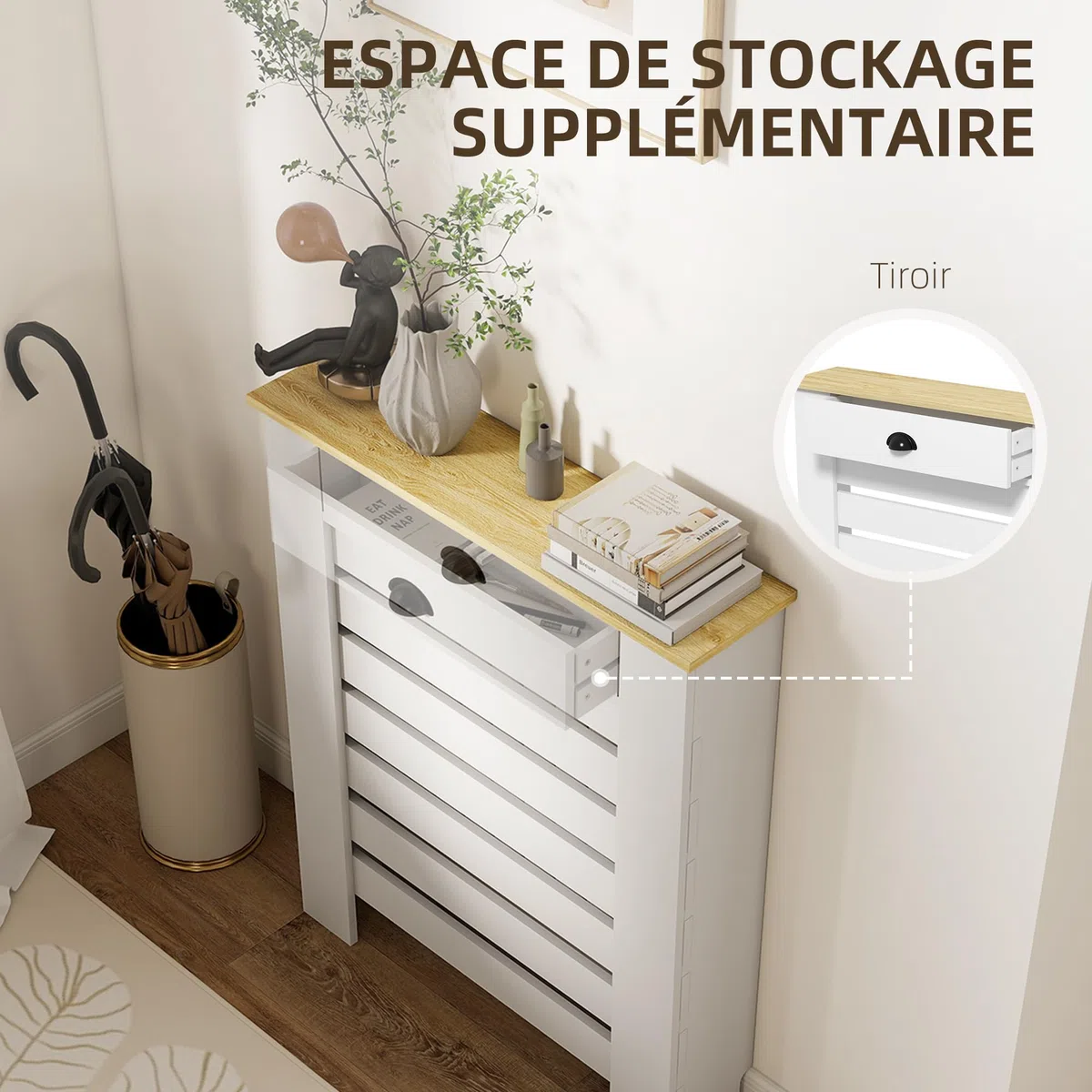 HOMCOM Copriradiatore, schermo per radiatore, griglia a lamelle orizzontali, con cassetto, per soggiorno, camera da letto, corridoio, legno, 78 x 19 x 95,5 cm, bianco