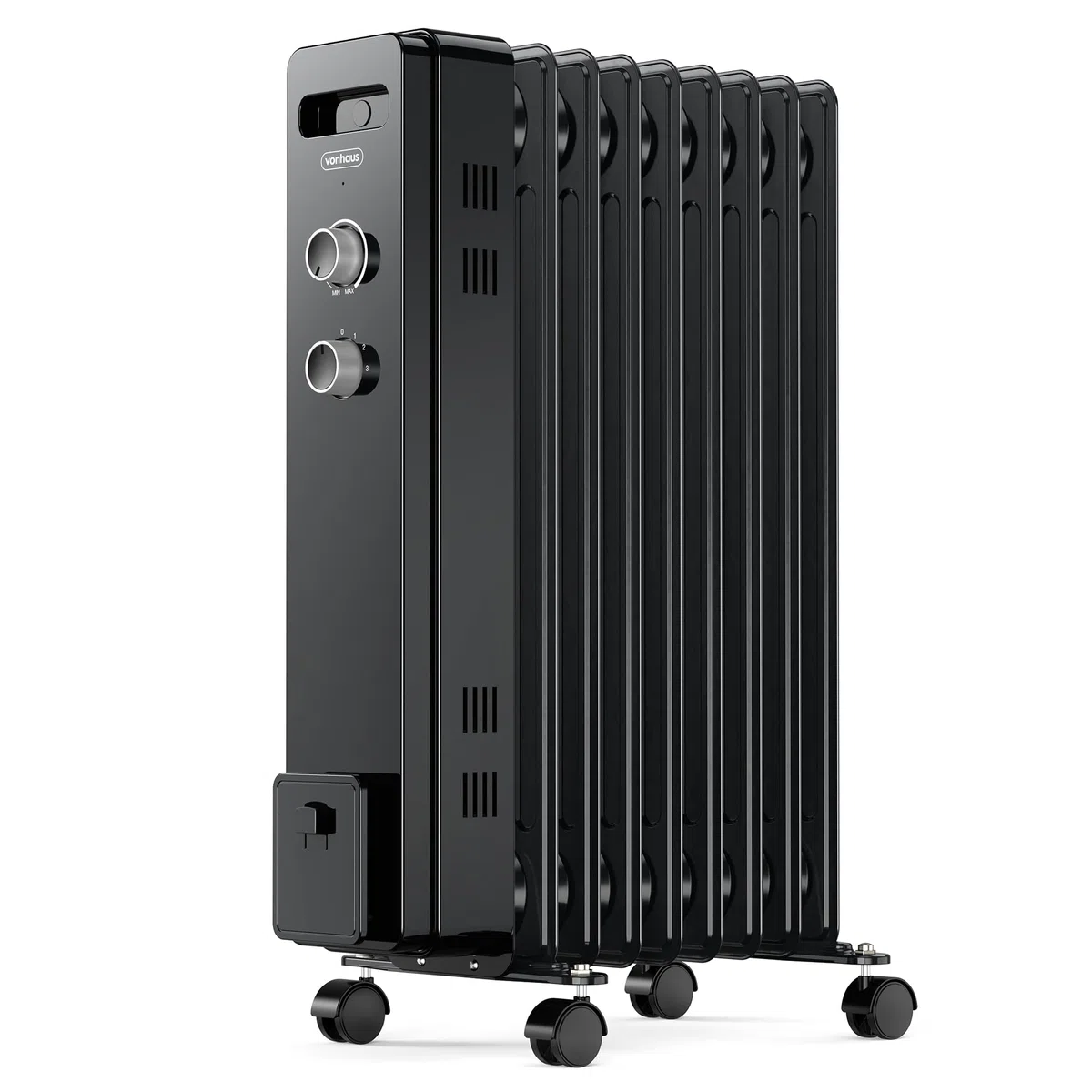 VonHaus Radiatore a Olio Elettrico 9 Elementi – Stufa ad Olio Portatile da 2000W, per Casa, Ufficio, Stanze – Termostato Regolabile, 3 Livelli di Calore, 4 Ruote, Cavo da 1,5 m (Nero)