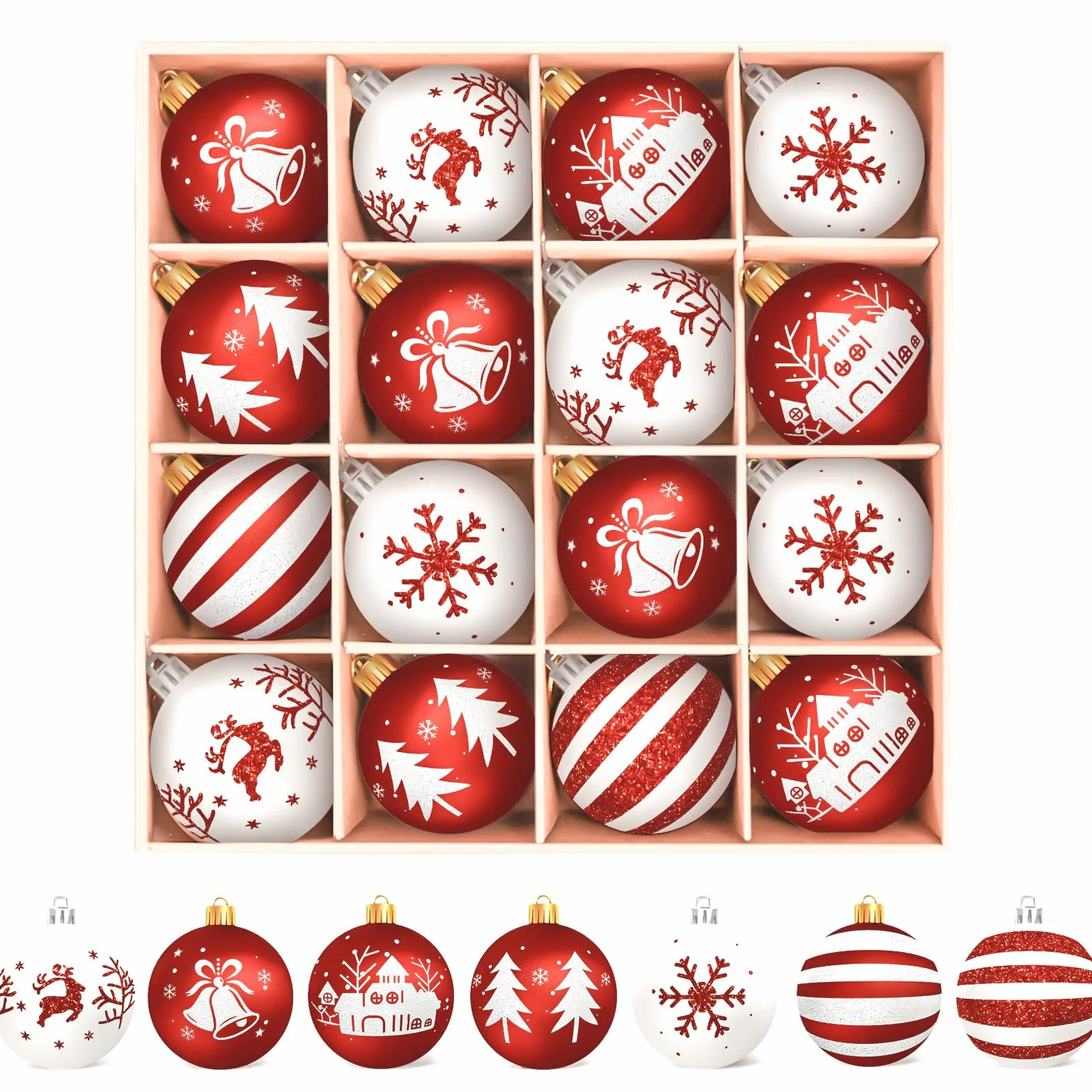 Palline di Natale Bianche e Rosso, 16PCS Decorazioni Albero di Natale, 6cm Palline Plastica con Gancio, Idee Regalo Decorazioni Natalizie per la Casa(7 Tipi Modelli)