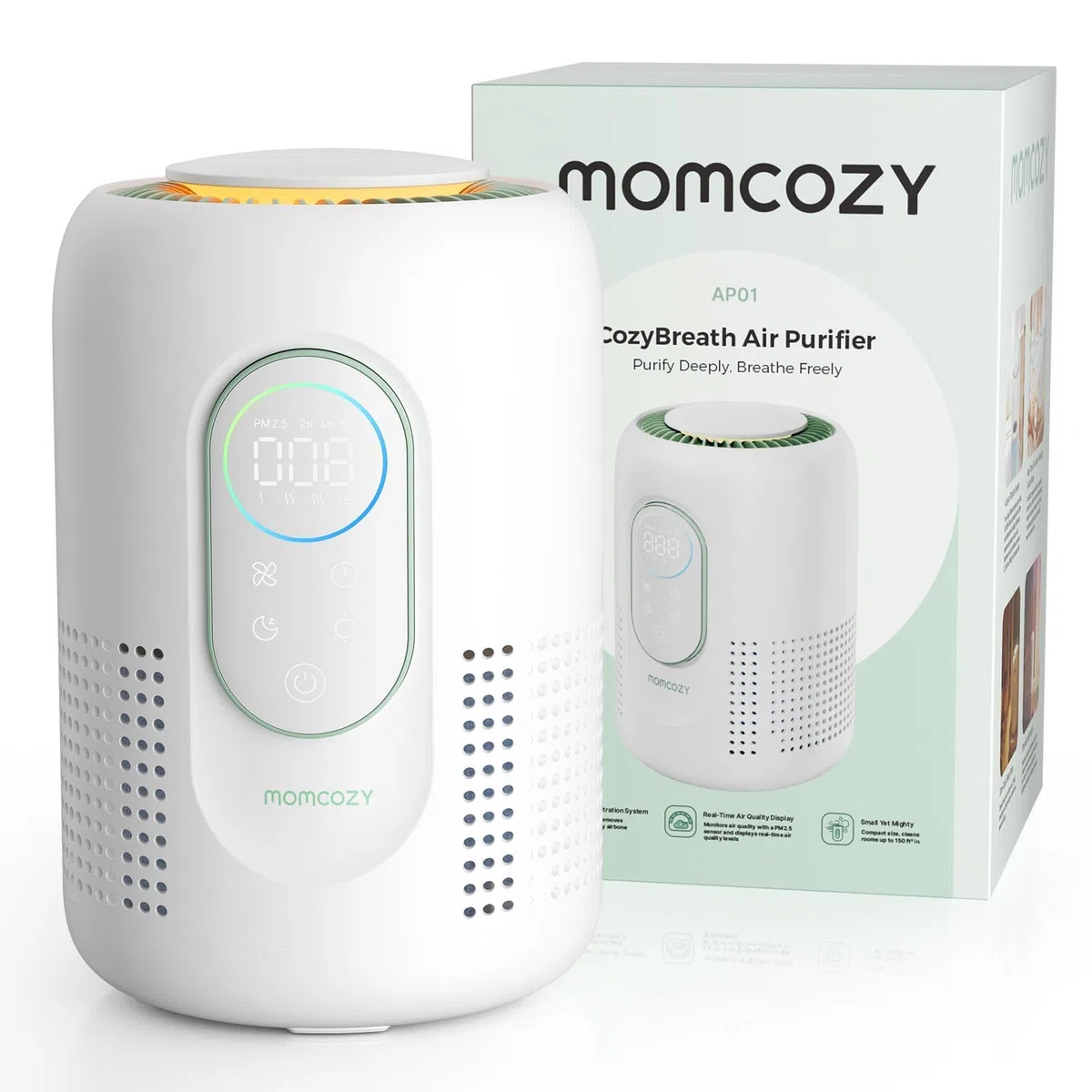 Momcozy Purificatore d'Aria per Cameretta, 4 Filtri HEPA H13 + Carbone Attivo, Monitor PM2.5 in Tempo Reale con Display 3 Colori, Sleep 21 dB, Luce Notturna Dimmerabile
