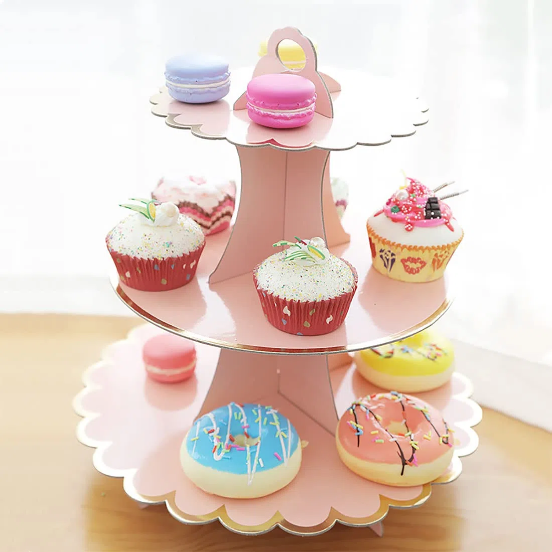 2 CONFEZIONE Supporto per torte in cartone, supporto per cupcake a 3 livelli, tonda in carta, supporto per dessert monouso, per compleanno, tè pomeridiano, matrimonio, anniversario, festa di
