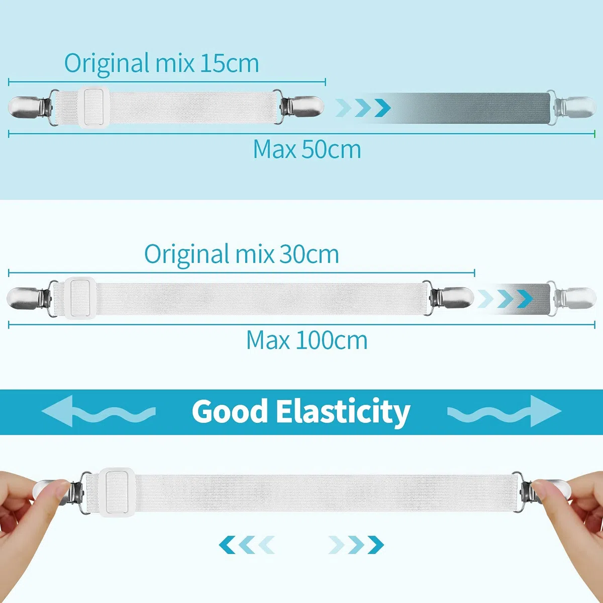 KEELYY Clip Lenzuola, 8 Pezzi(15cm-100cm) Bretelle Elasticizzate Regolabili, Cinghie Elastici con Clip in Metallo per Fissaggio Angoli Lenzuola, coprimaterassi, Letto o Divano - Bianco