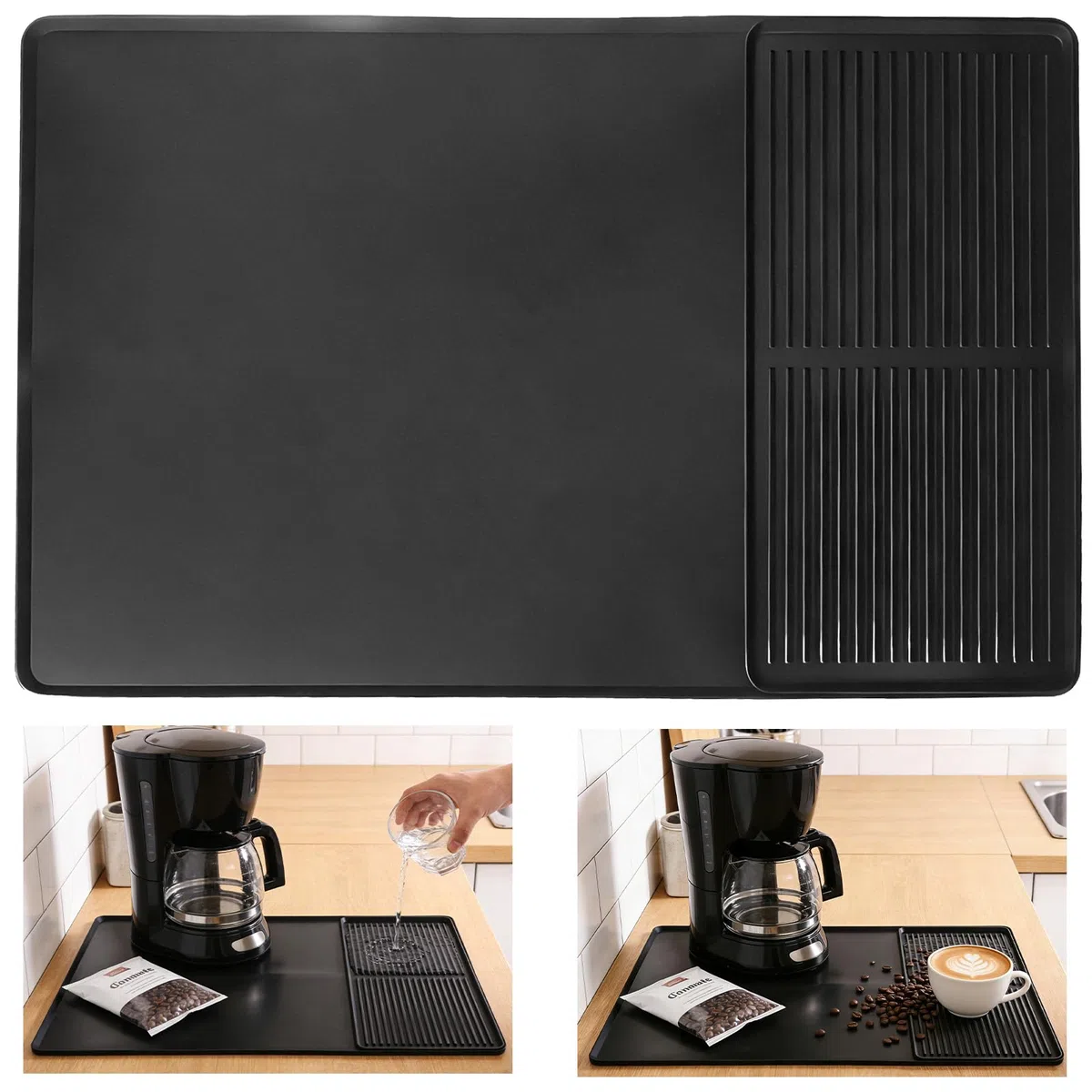 2 Pezzi Tappetino Cucina in Silicone | Tappetino Macchina da Caffè + Scolapiatti, 60x40cm Nero Assorbente, Accessori Cucina Pratici per Angolo Caffè