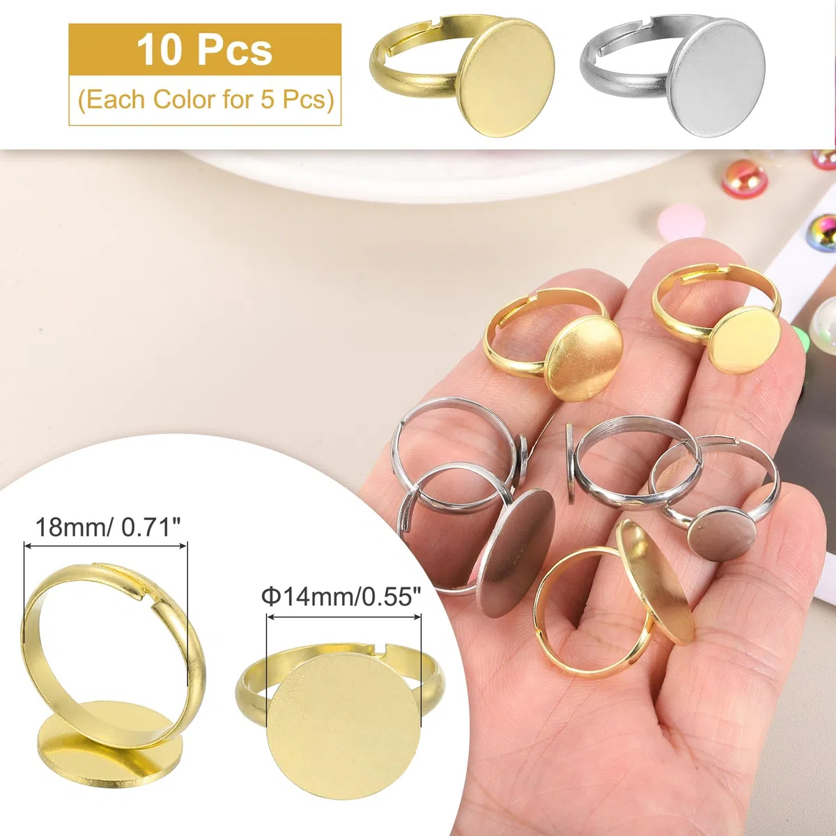 QUARKZMAN 10Pcs Anelli In Metallo Base Vuota, 14mm Cuscinetto Regolabile Cabochon Anello Vuoto Base Vassoio Piano Per Creazione Gioielli DIY, Argento/Oro