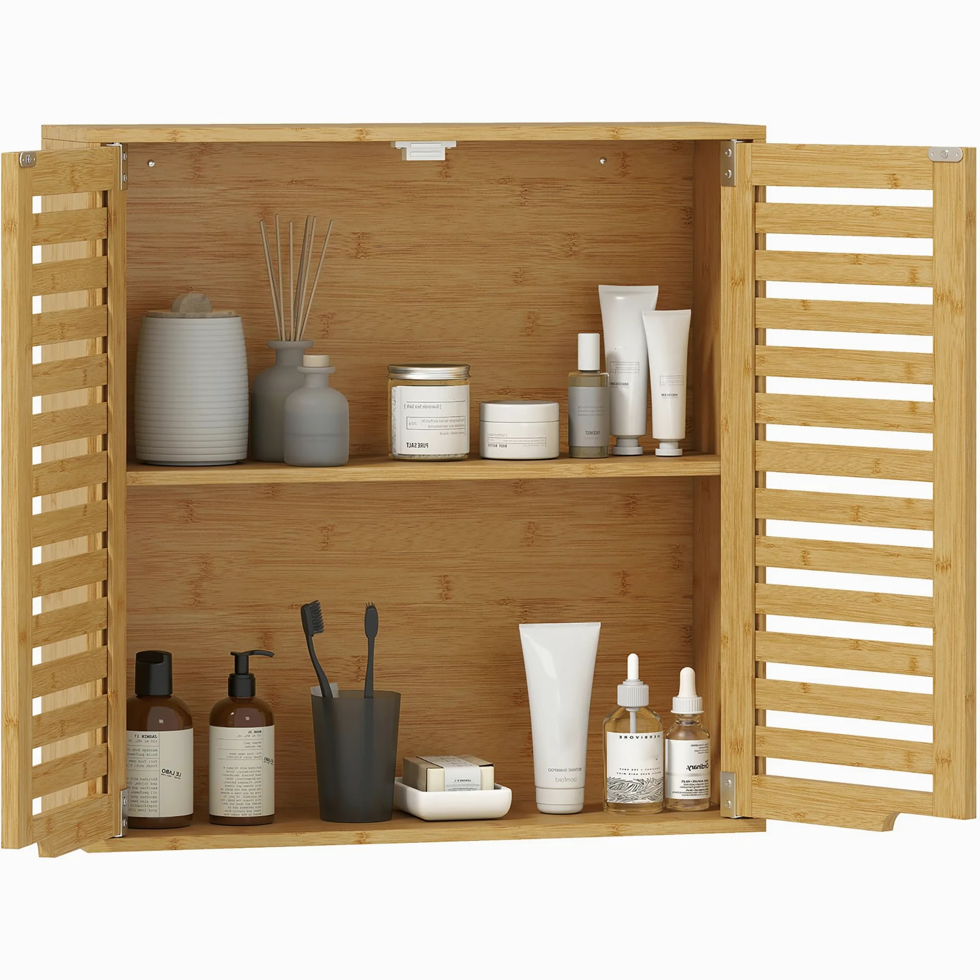 HOMCOM Pensile Bagno con Ante a Persiana in Bambù, Mobiletto Bagno Sospeso con Ripiano Interno Regolabile, 60x20x60 cm, Color Legno