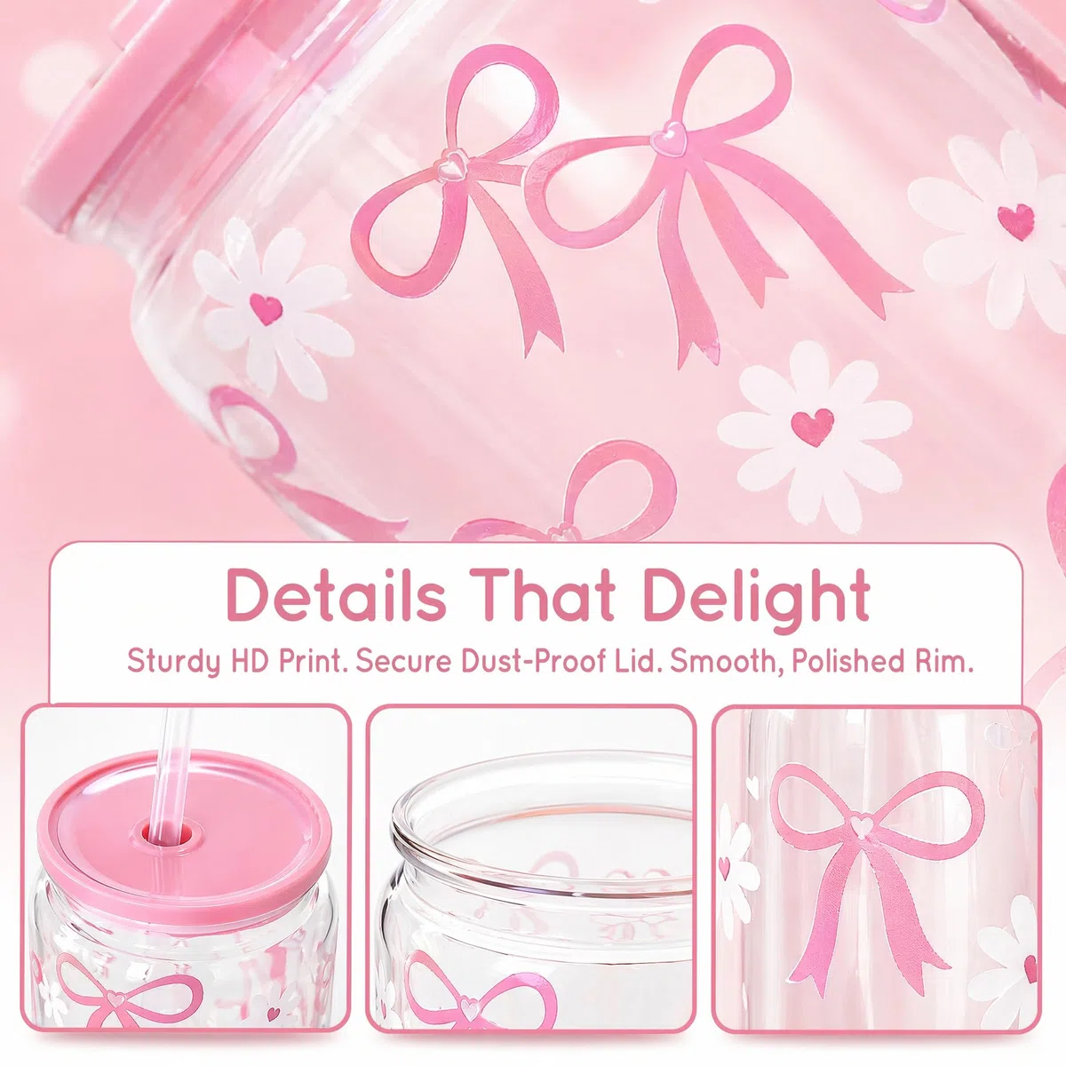 Bicchieri da 500 ml con fiocco rosa, cannucce in plastica con coperchio, tazza per frullati, per feste, baby shower, latte, acqua ghiacciata, succhi di frutta, caffè, bibite, cocktail, bevande fredde