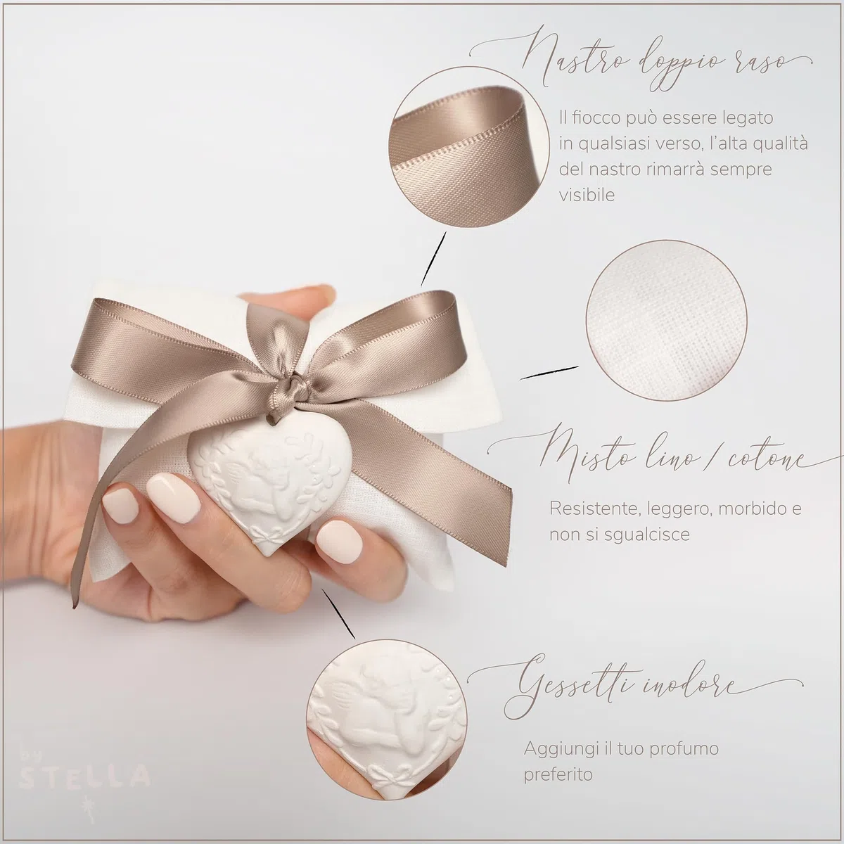 Eleganti Bomboniere Matrimonio/Cresima/Comunione in Soffice Misto Lino/Cotone, Sacchetti Portaconfetti con Gessetti Cuore/Angelo, 25 Pezzi (Salvia)