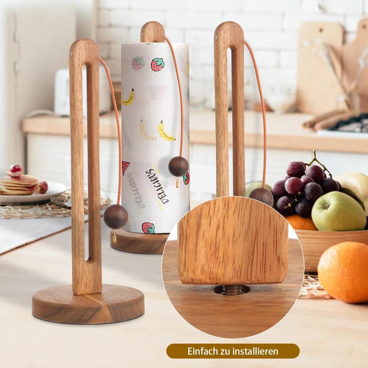 Porta rotolo da cucina in legno di acacia-Design con ganci e antiscivolo-Perfetto per porta rotolo cucina e porta scottex-Compatibile con rotoli standard e grandi