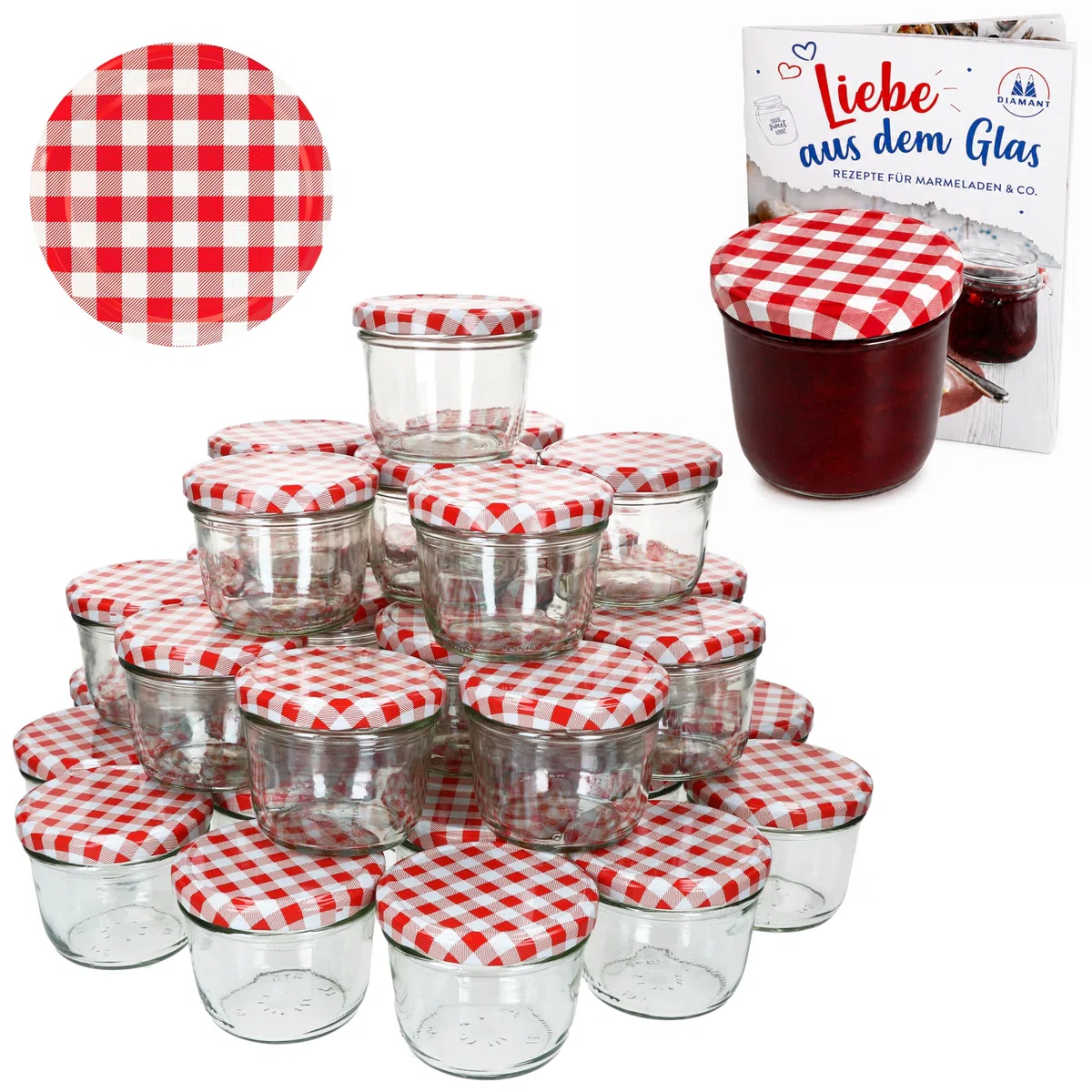 MamboCat - Set di 100 vasetti in vetro per marmellate e conserve da 230 ml, coperchio a vite da 82 mm, decorazione a quadretti rossi Include libro di ricette Diamant-Zucker Gelierzauber (lingua italiana non garantita).