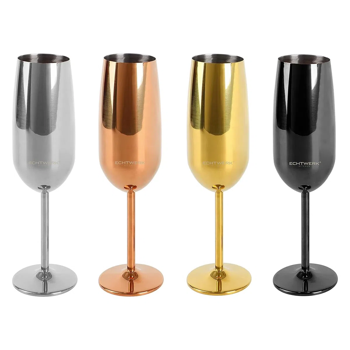 ECHTWERK Set di 2 bicchieri da champagne e spumante, acciaio inox, edizione argento, 250 ml, 22,5 x 6,3 cm