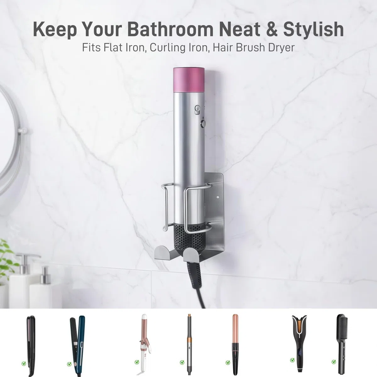 Supporto per Dyson Airwrap, Porta Piastra in Acciaio Inossidabile Senza Forare, Supporto da Parete per Dyson Airstraight con Gancio per Cavo, Installazione Adesiva o con Viti per Bagno