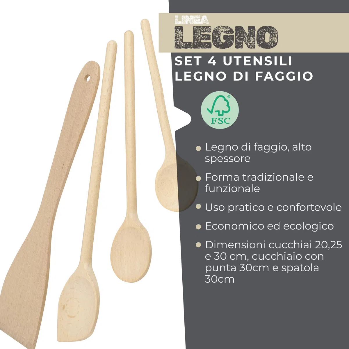 Fackelmann Set di 4 Utensili da Cucina in Legno Certificato FSC, Spatole e Cucchiai, 20 cm, 25 cm, 30 cm, Marrone
