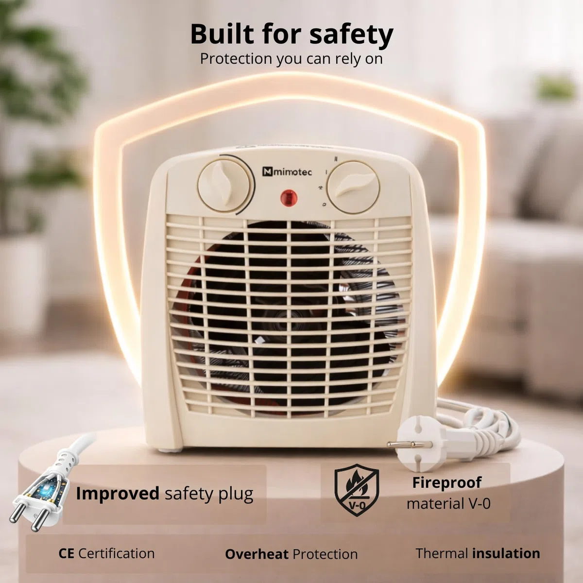 M Mimotec – Termoventilatore elettrico White Comfort 2000W Mimotec, riscaldamento portatile da pavimento, doppia potenza 1000/2000W, bassa rumorosità <53 dB, IP20, per ambienti fino a 20 m²