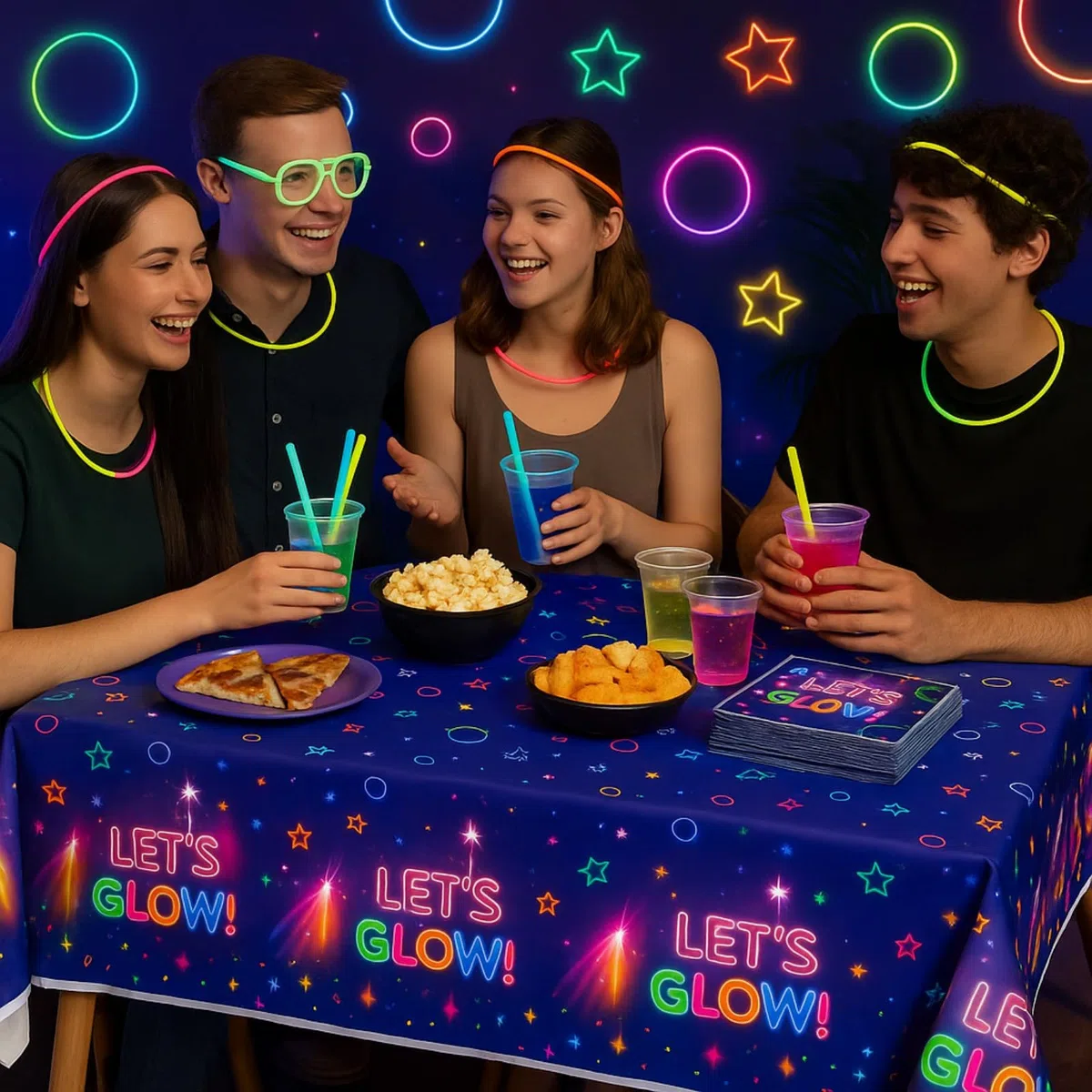 Set di 2 tovaglie impermeabili con 20 tovaglioli fluorescenti, reattivi ai raggi UV, in plastica PE facile da pulire, per feste di compleanno, decorazioni per interni ed esterni (stile A)
