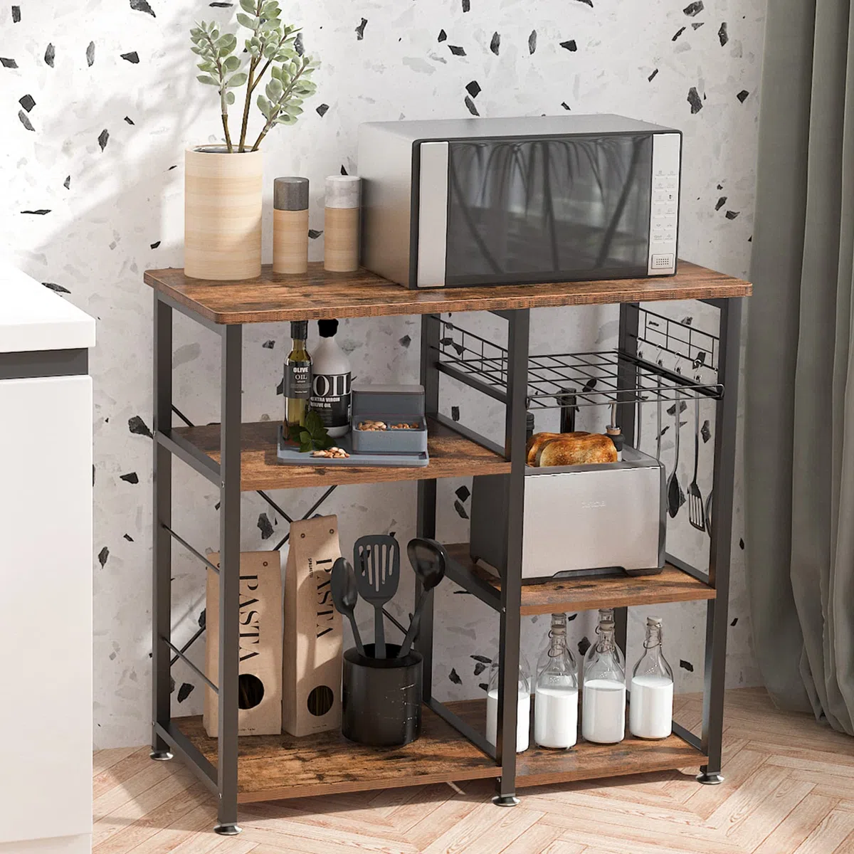SogesHome Scaffale da Cucina, 3 +4 Supporto per Forno a Microonde con Ripiani, Mobile Cucina salvaspazio con cesti in Filo Metallico, 90 * 40 * 83 cm, Marrone Vintage W5S-FG-Sh