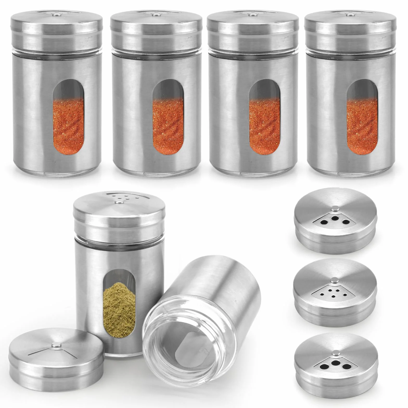6 Barattoli per Spezie Con Inserto per Spargimento, Portaspezie in Acciaio Inox, Mini Spargitore, Contenitore e Organizzatore per Spezie