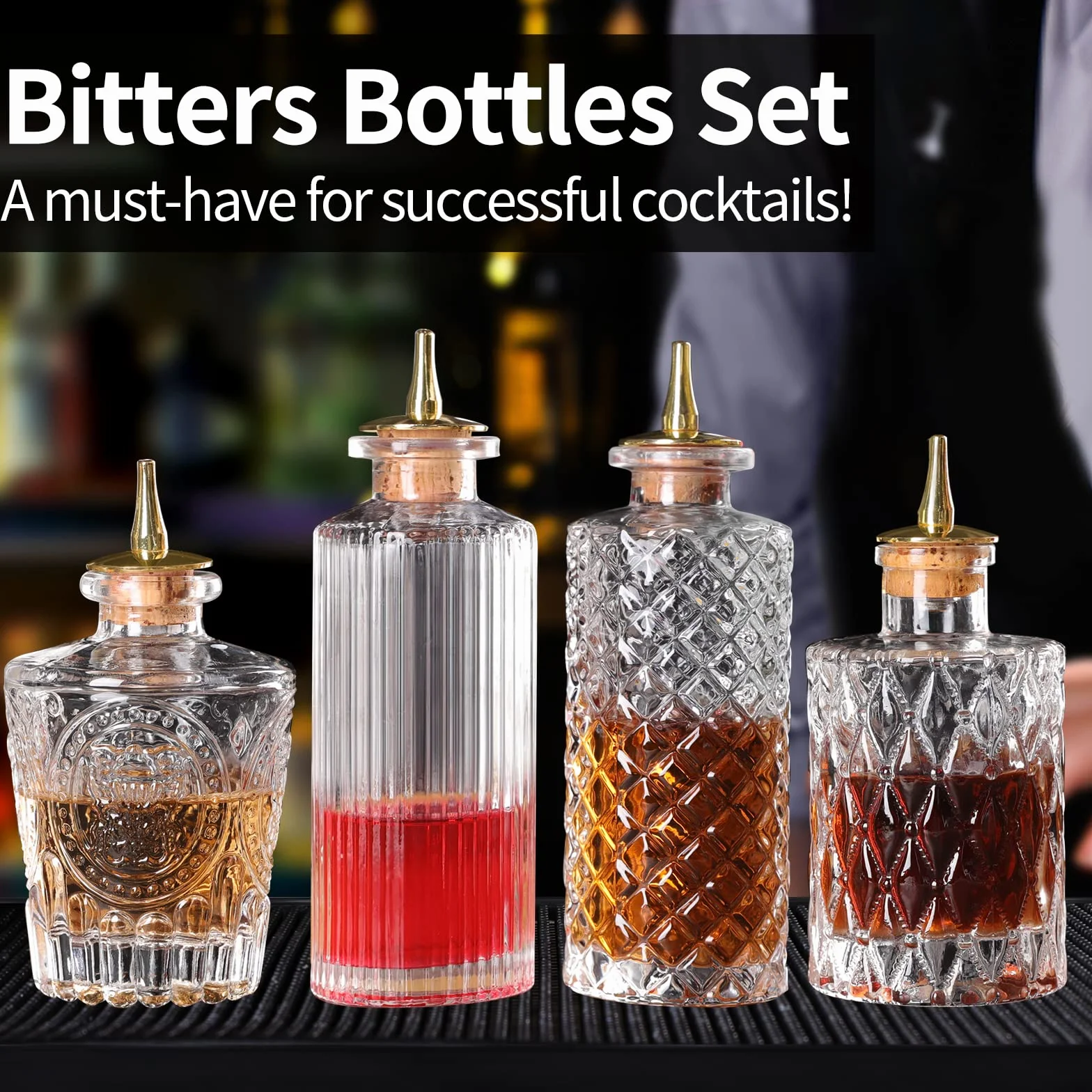 SuproBarware Bitters Bottle per cocktail Set di 5– Bottiglie in vetro con cruscotto, ideale per barista, casa bar