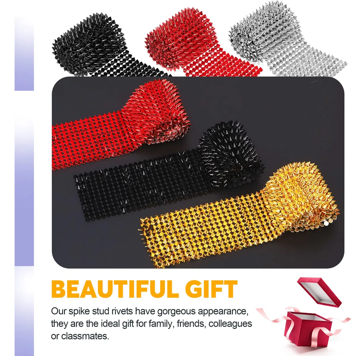 Swpeet 3 Yards 3 colore cucire punto su Spike Stud Set, oro nero argento Cono albero Spike Stud rivetti Punk Rock Trim perlina, rivetti in rete perline per abbigliamento stile Punk fai da te