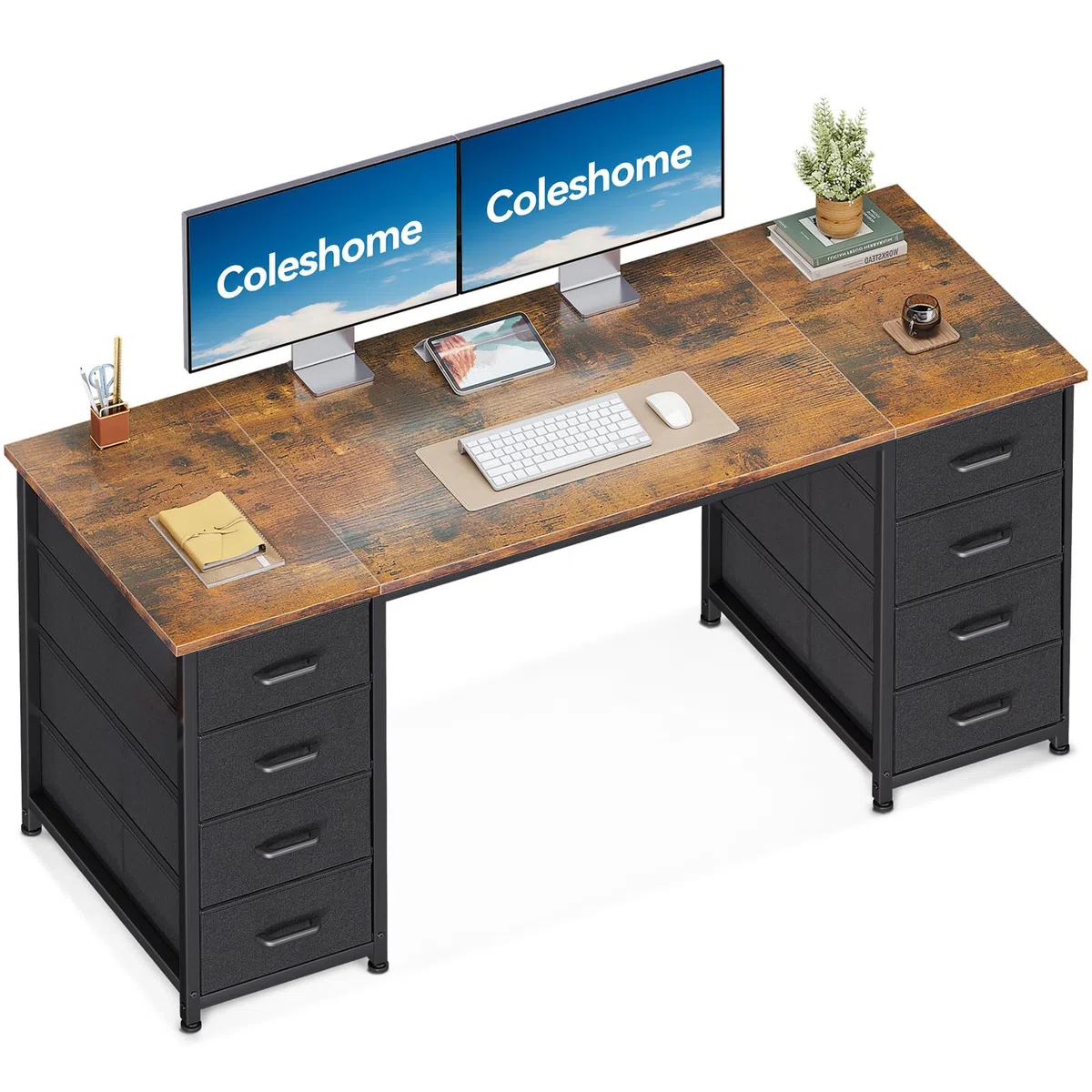 Coleshome Scrivania con 8 Cassetti in Tessuto, 140x48cm Scrivania per Computer, Scrivania Salvaspazio Tavolo Ufficio per Studio, Camera da Letto, Marrone