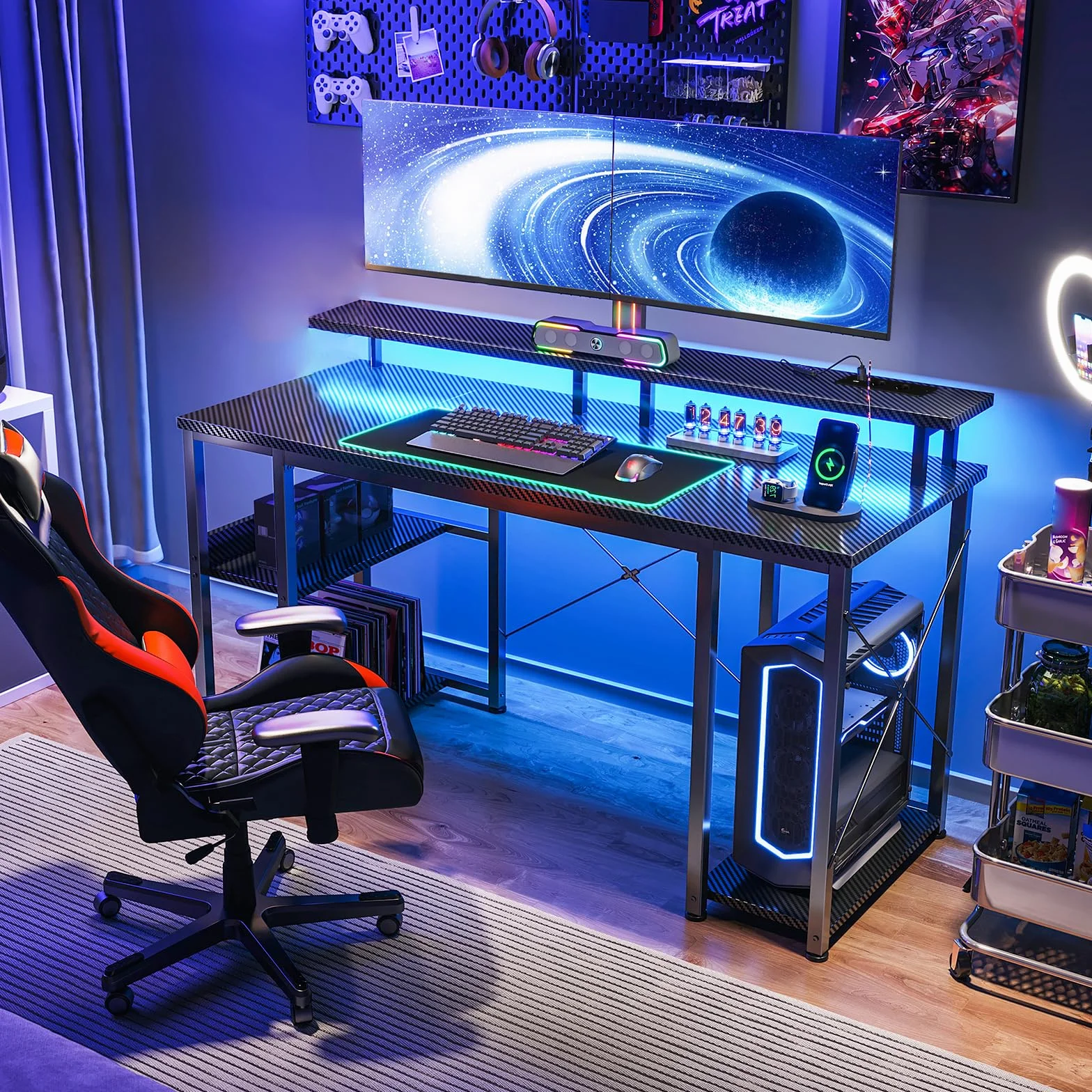 Coleshome Scrivania Gaming con LED, 120x50cm Scrivania Computer con 2 Prese e 2 Porte USB, PC Scrivania con Supporto Monitor e Ripiani di Archiviazione, Scrivania per Ufficio Casa, Nero