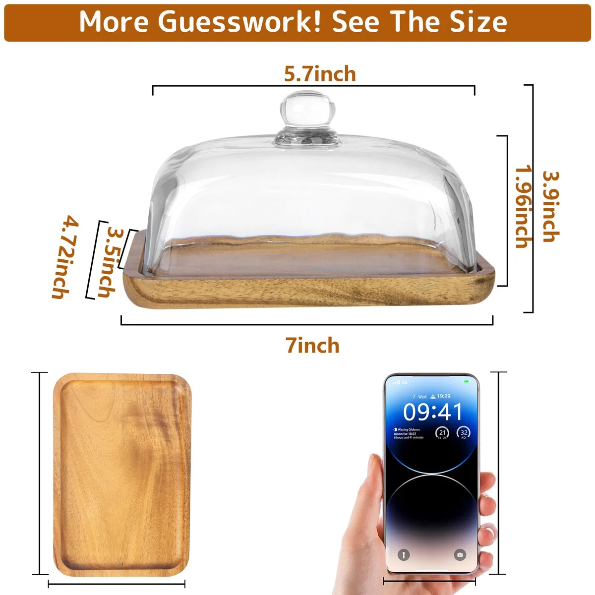 Alzata rettangolare in legno con cupola in vetro, grande mini supporto per torte con campana in vetro trasparente, vassoio per torte, per cucina, feste di compleanno, matrimoni, CAKE-FANG01