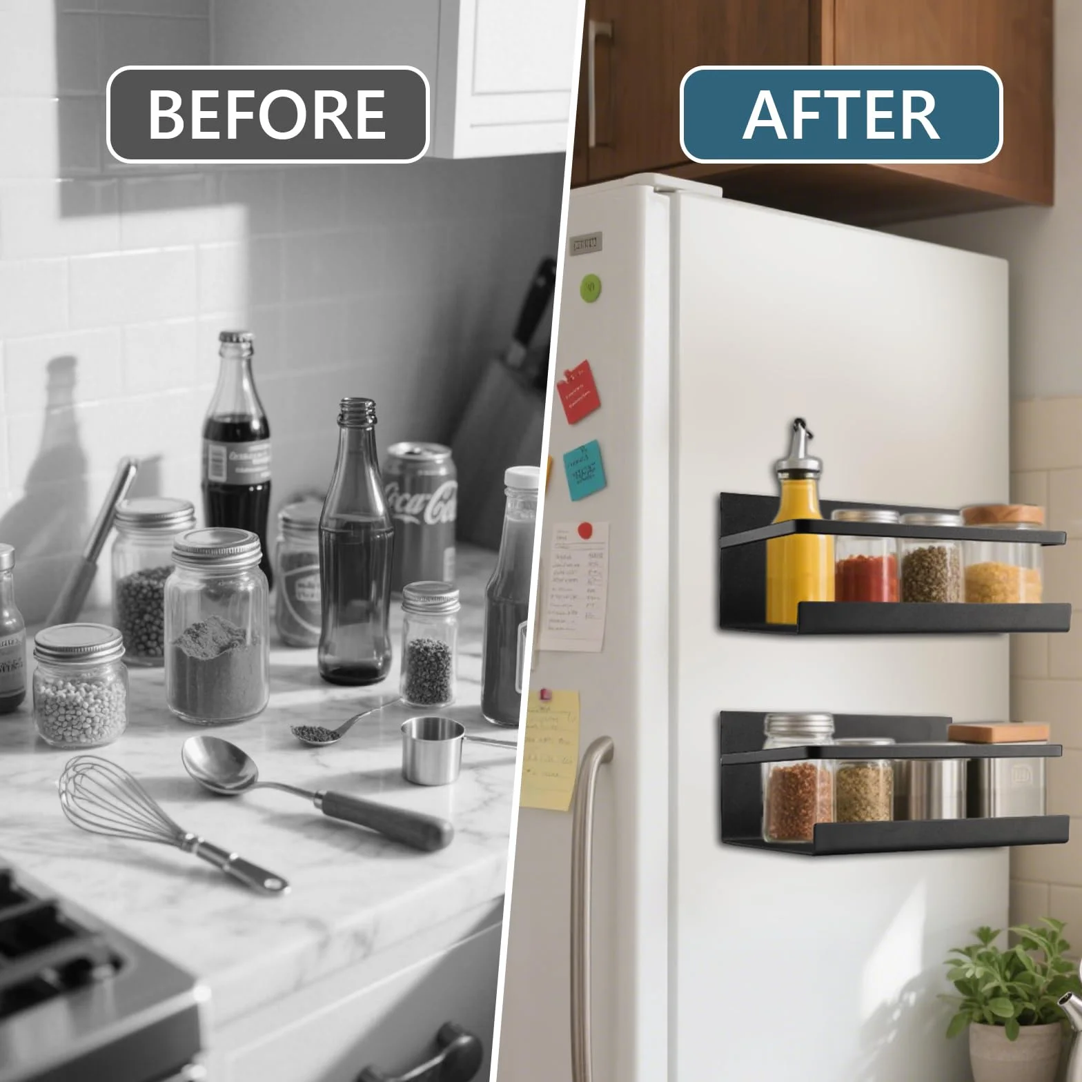Mensola Magnetica Frigo, 2 Pezzi Portaspezie Magnetico per Frigorifero e Lavatrice, Organizzatore per Cucina, Risparmio Spazio (Nero)