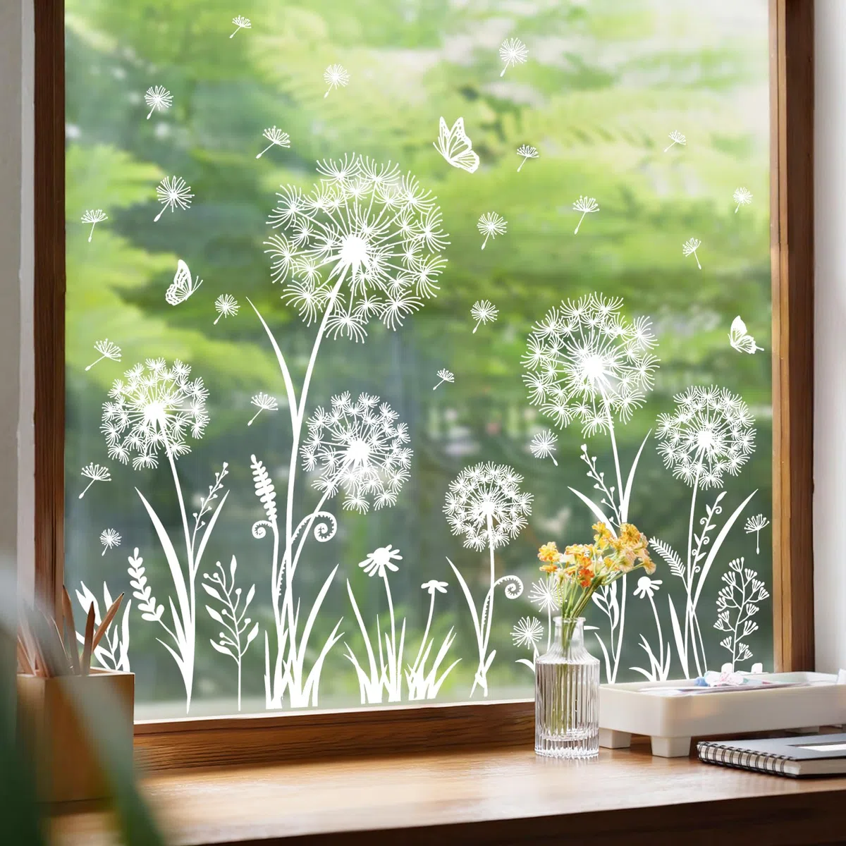 Supzone Bianco Adesivi Finestra Vetrofanie Dente di leone Farfalla Fiori Decorazioni Primavera e Estate, Decorazioni per Vetri Anti-Uccelli Adesivi Statici per Finestre