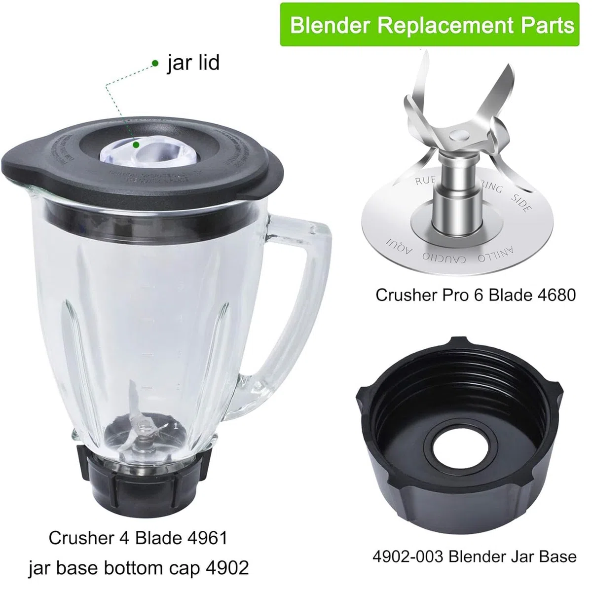 Vaso Di Ricambio Per Frullatore Compatibile Con Osterr Blender 6 Cup 1.25 Litre, Vaso De Licuadora Osterr 48 Ounce 12 Speed Round Glass Jar With Ice Blade, Bottom Cap Base, 8 - Piece Blender Kit